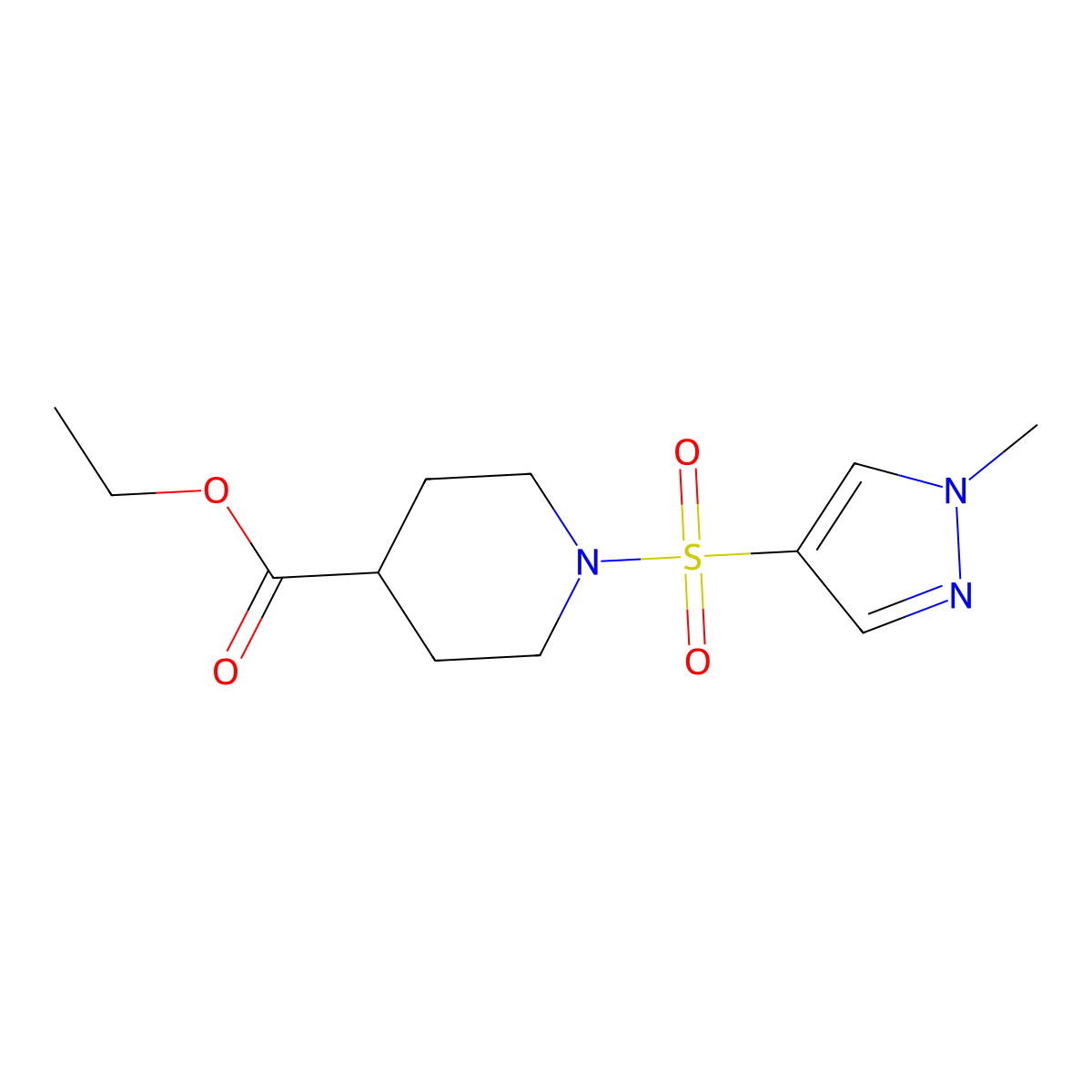 ethyl 1-((1-methyl-1H-pyrazol-4-yl)sulfonyl)piperidine-4-carboxylate molecular structure, CAS 1005653-79-1