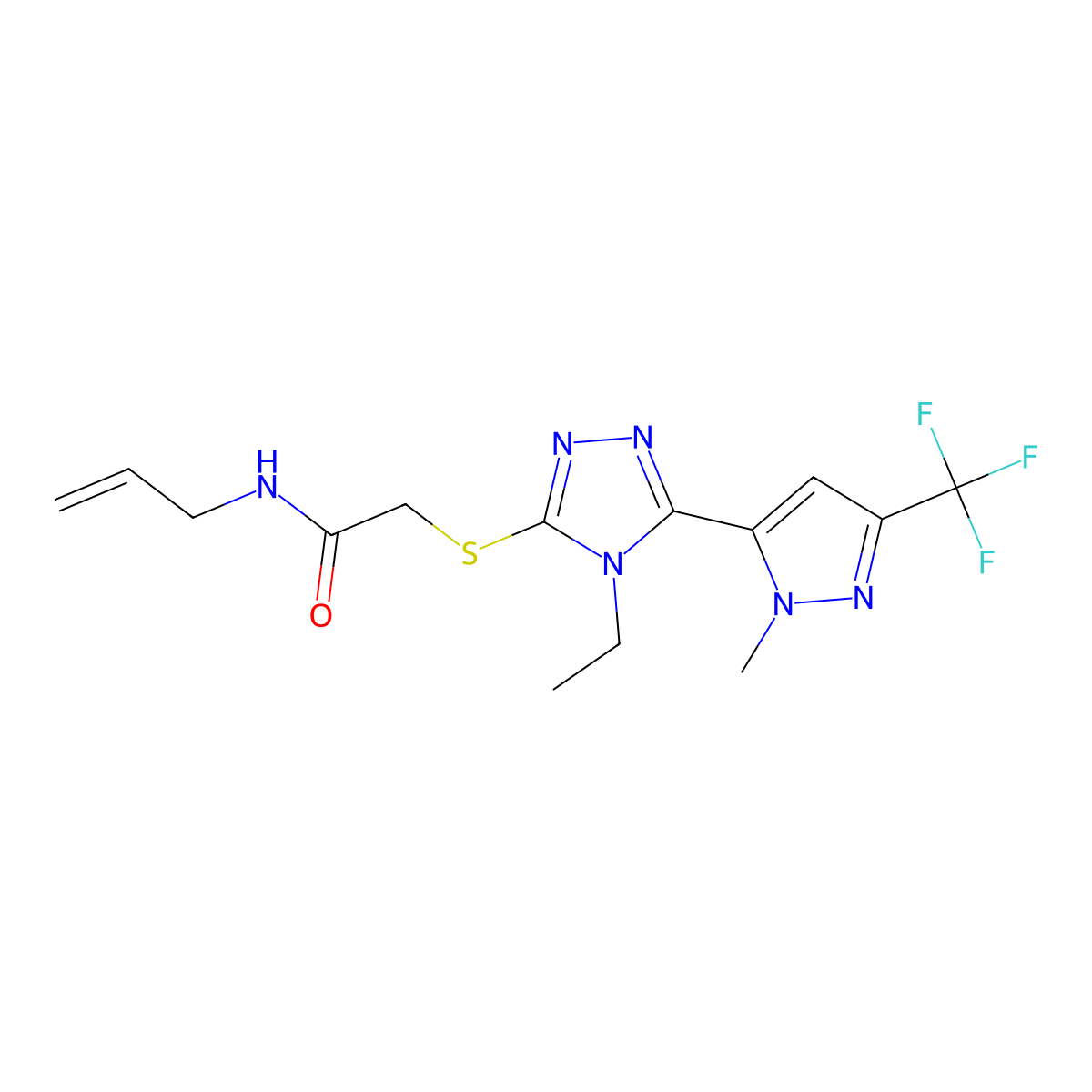 2-({4-ethyl-5-[1-methyl-3-(trifluoromethyl)-1H-pyrazol-5-yl]-4H-1,2,4-triazol-3-yl}sulfanyl)-N-(prop-2-en-1-yl)acetamide molecular structure, CAS 1005654-30-7