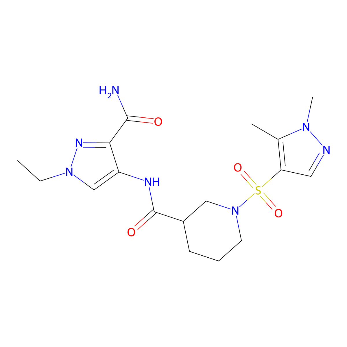 N-(3-carbamoyl-1-ethyl-1H-pyrazol-4-yl)-1-[(1,5-dimethyl-1H-pyrazol-4-yl)sulfonyl]piperidine-3-carboxamide molecular structure, CAS 1005654-46-5