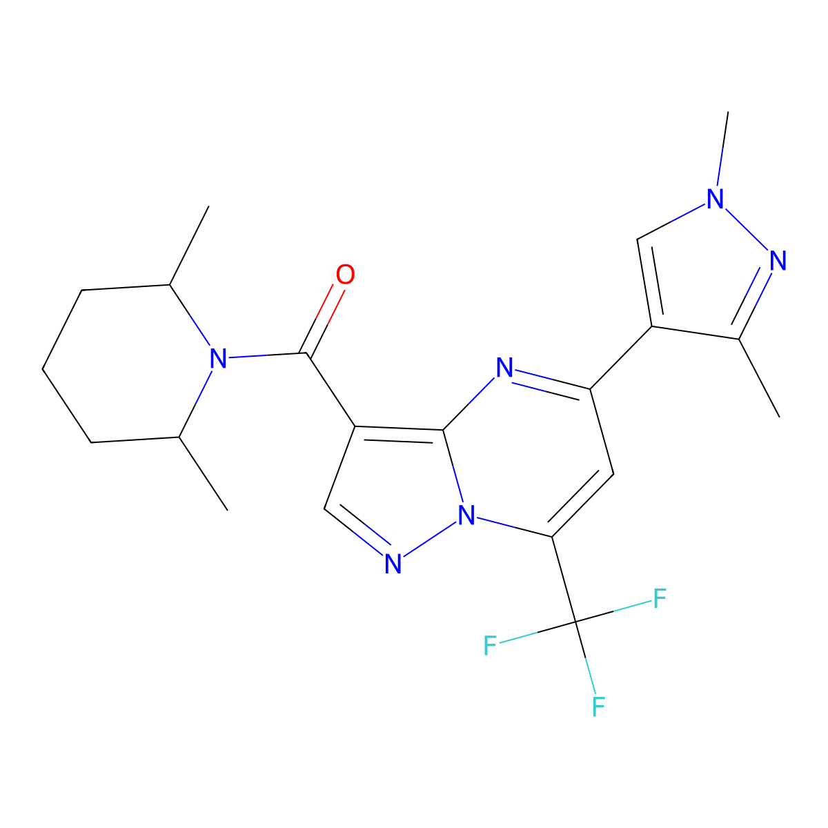 (2,6-dimethylpiperidin-1-yl)[5-(1,3-dimethyl-1H-pyrazol-4-yl)-7-(trifluoromethyl)pyrazolo[1,5-a]pyrimidin-3-yl]methanone molecular structure, CAS 1005654-79-4