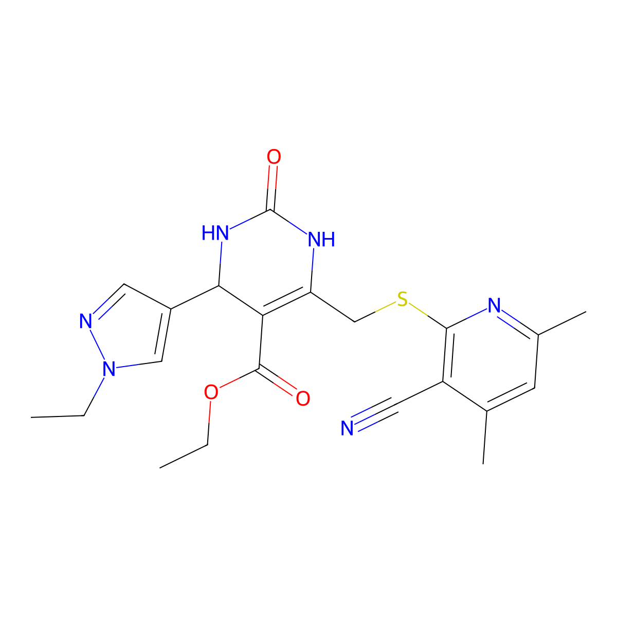 ethyl 6-{[(3-cyano-4,6-dimethylpyridin-2-yl)sulfanyl]methyl}-4-(1-ethyl-1H-pyrazol-4-yl)-2-oxo-1,2,3,4-tetrahydropyrimidine-5-carboxylate molecular structure, CAS 1005654-99-8