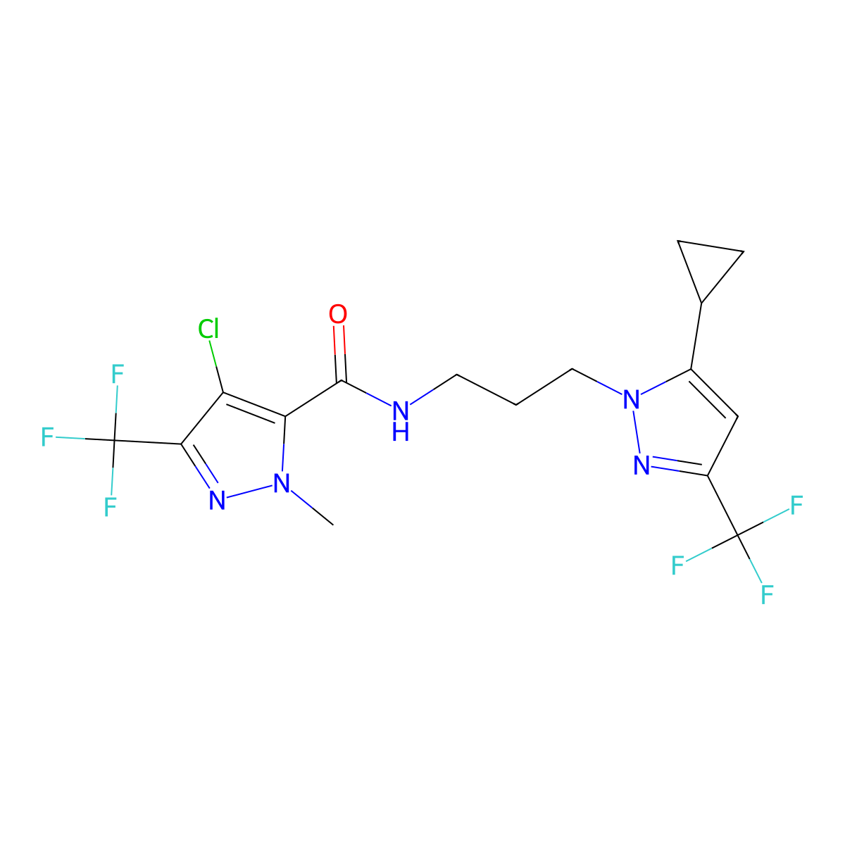 4-chloro-N-[3-[5-cyclopropyl-3-(trifluoromethyl)pyrazol-1-yl]propyl]-2-methyl-5-(trifluoromethyl)pyrazole-3-carboxamide molecular structure, CAS 1005655-27-5