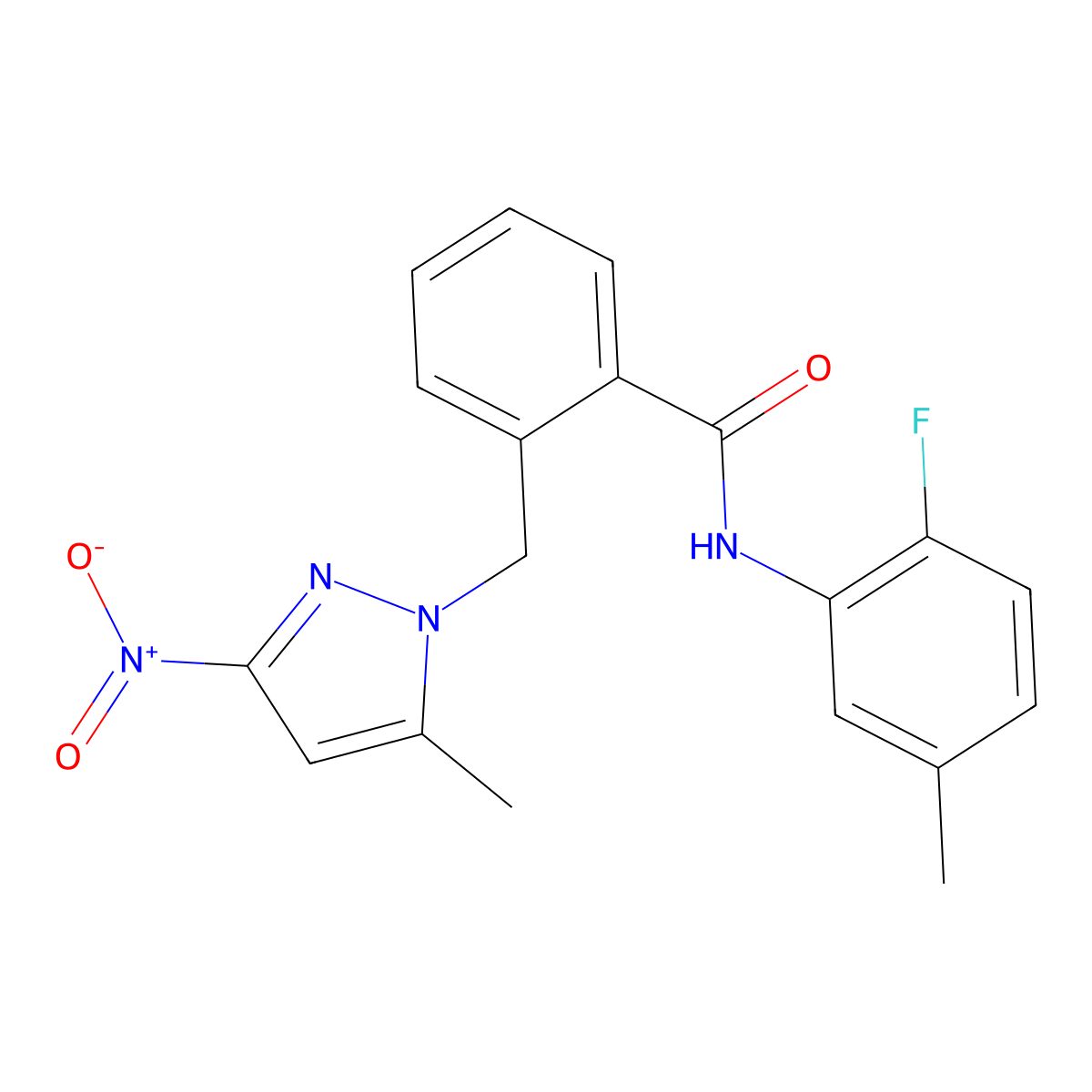 N-(2-fluoro-5-methylphenyl)-2-[(5-methyl-3-nitro-1H-pyrazol-1-yl)methyl]benzamide molecular structure, CAS 1005655-38-8