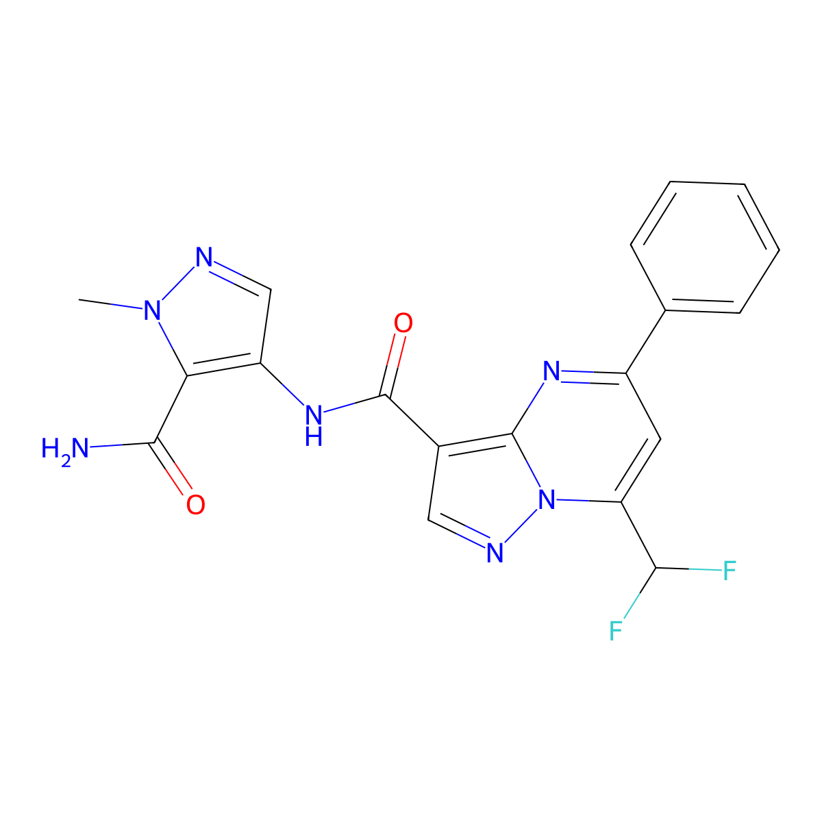 N-(5-carbamoyl-1-methylpyrazol-4-yl)-7-(difluoromethyl)-5-phenylpyrazolo[1,5-a]pyrimidine-3-carboxamide molecular structure, CAS 1005655-61-7