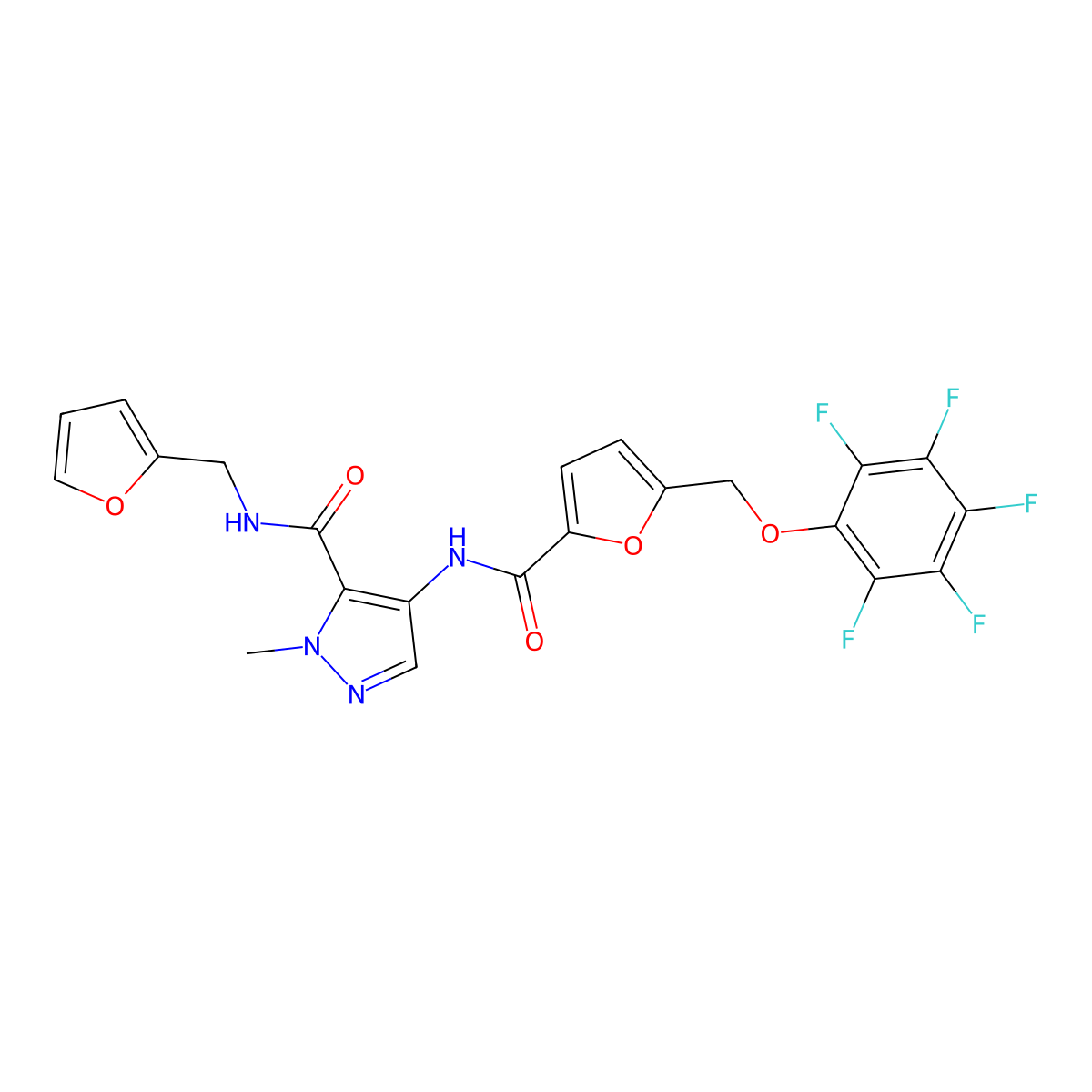 N-(furan-2-ylmethyl)-2-methyl-4-[[5-[(2,3,4,5,6-pentafluorophenoxy)methyl]furan-2-carbonyl]amino]pyrazole-3-carboxamide molecular structure, CAS 1005655-68-4