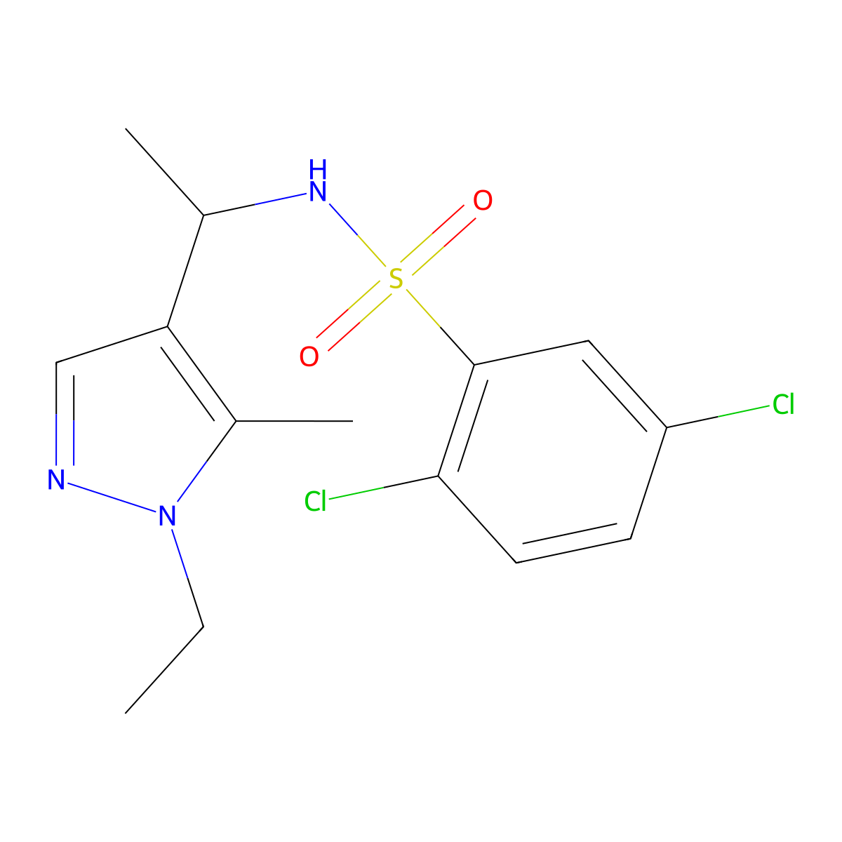 2,5-dichloro-N-[1-(1-ethyl-5-methylpyrazol-4-yl)ethyl]benzenesulfonamide molecular structure, CAS 1005655-71-9