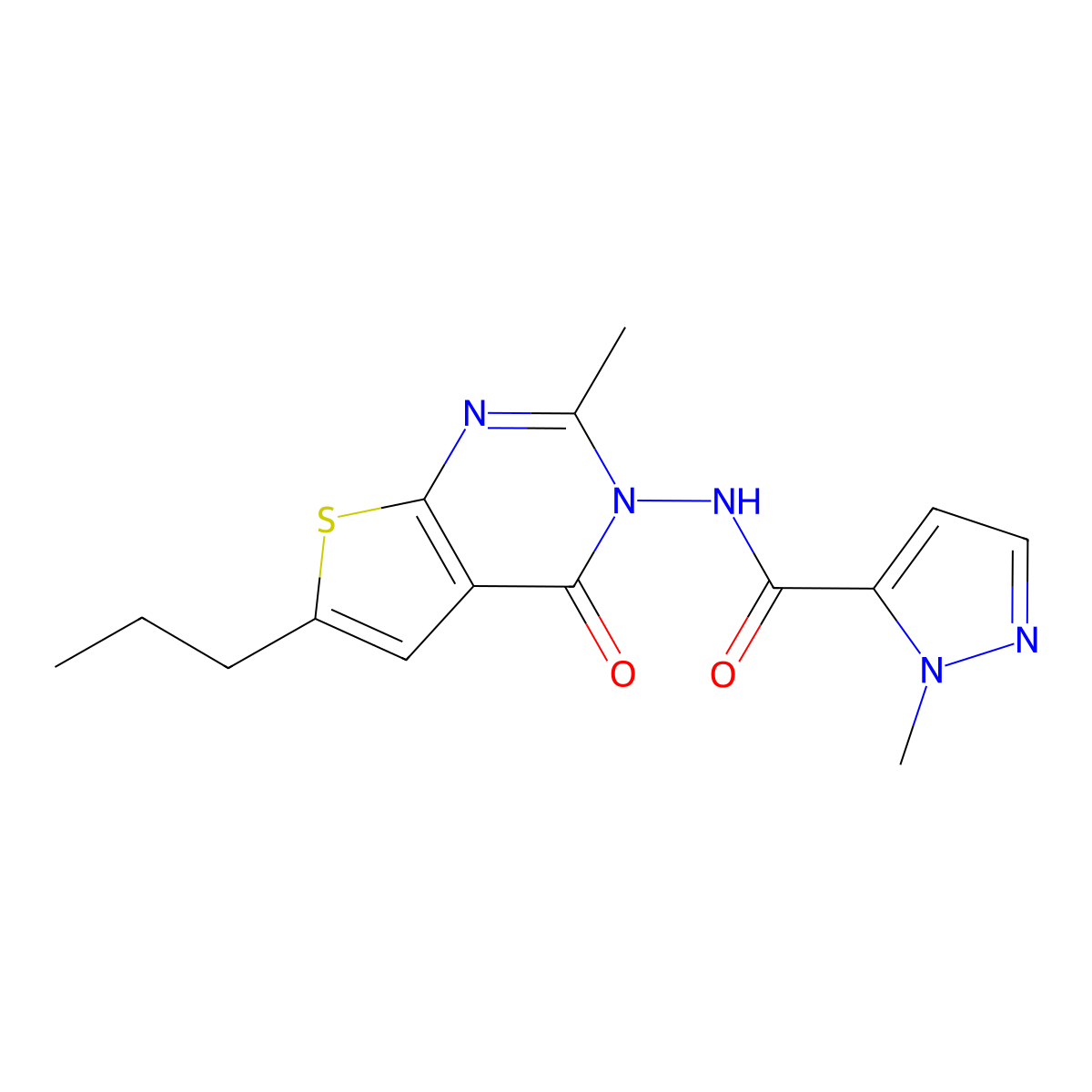 2-methyl-N-(2-methyl-4-oxo-6-propylthieno[2,3-d]pyrimidin-3-yl)pyrazole-3-carboxamide molecular structure, CAS 1005655-72-0