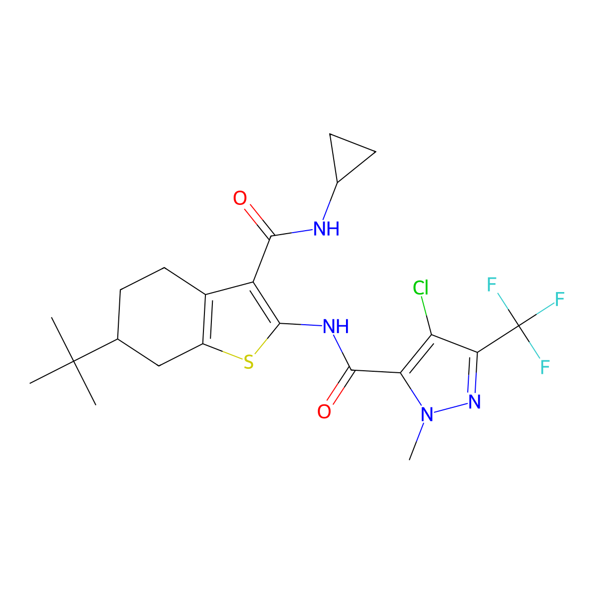 N-[6-tert-butyl-3-(cyclopropylcarbamoyl)-4,5,6,7-tetrahydro-1-benzothiophen-2-yl]-4-chloro-1-methyl-3-(trifluoromethyl)-1H-pyrazole-5-carboxamide molecular structure, CAS 1005655-76-4