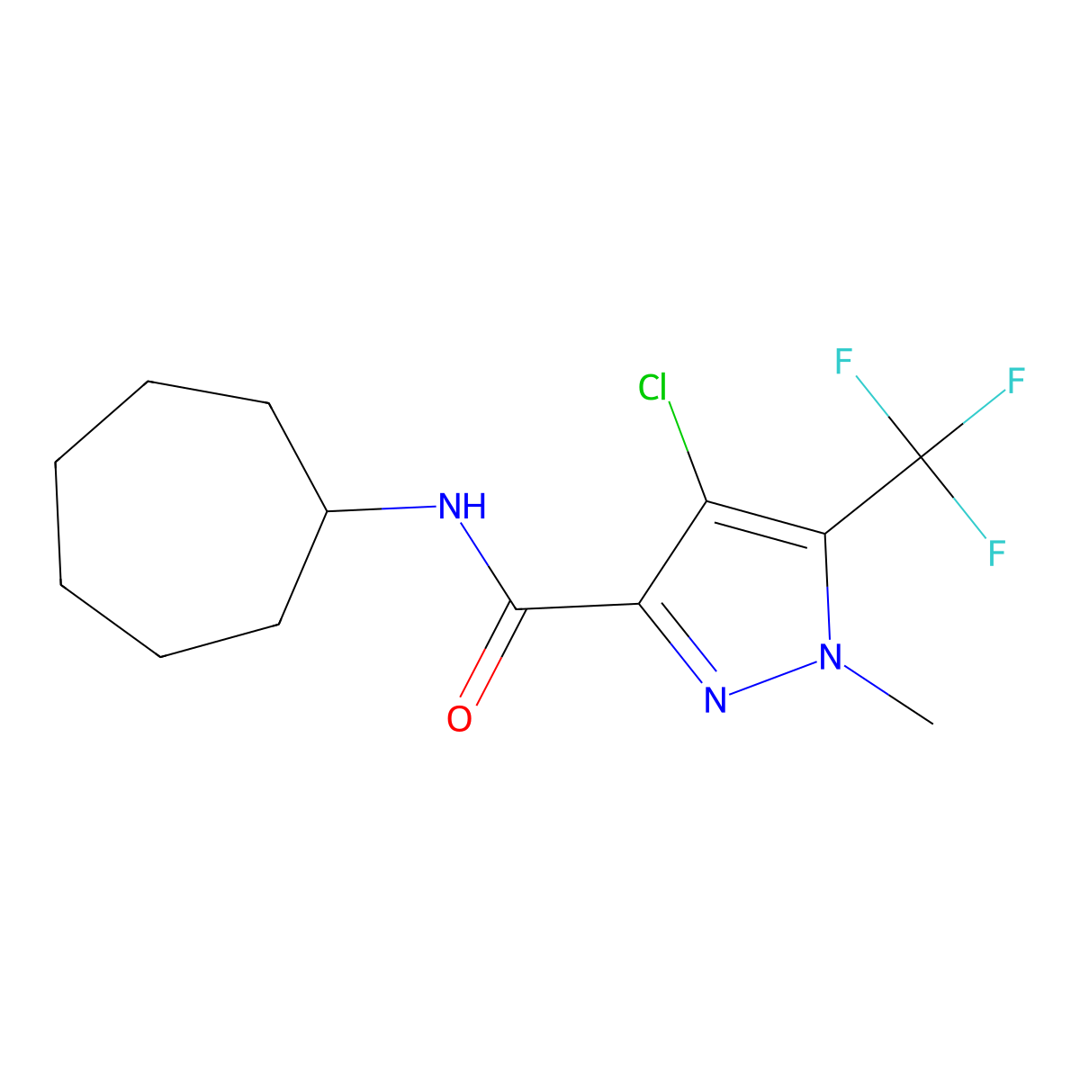 4-chloro-N-cycloheptyl-1-methyl-5-(trifluoromethyl)pyrazole-3-carboxamide molecular structure, CAS 1005655-78-6