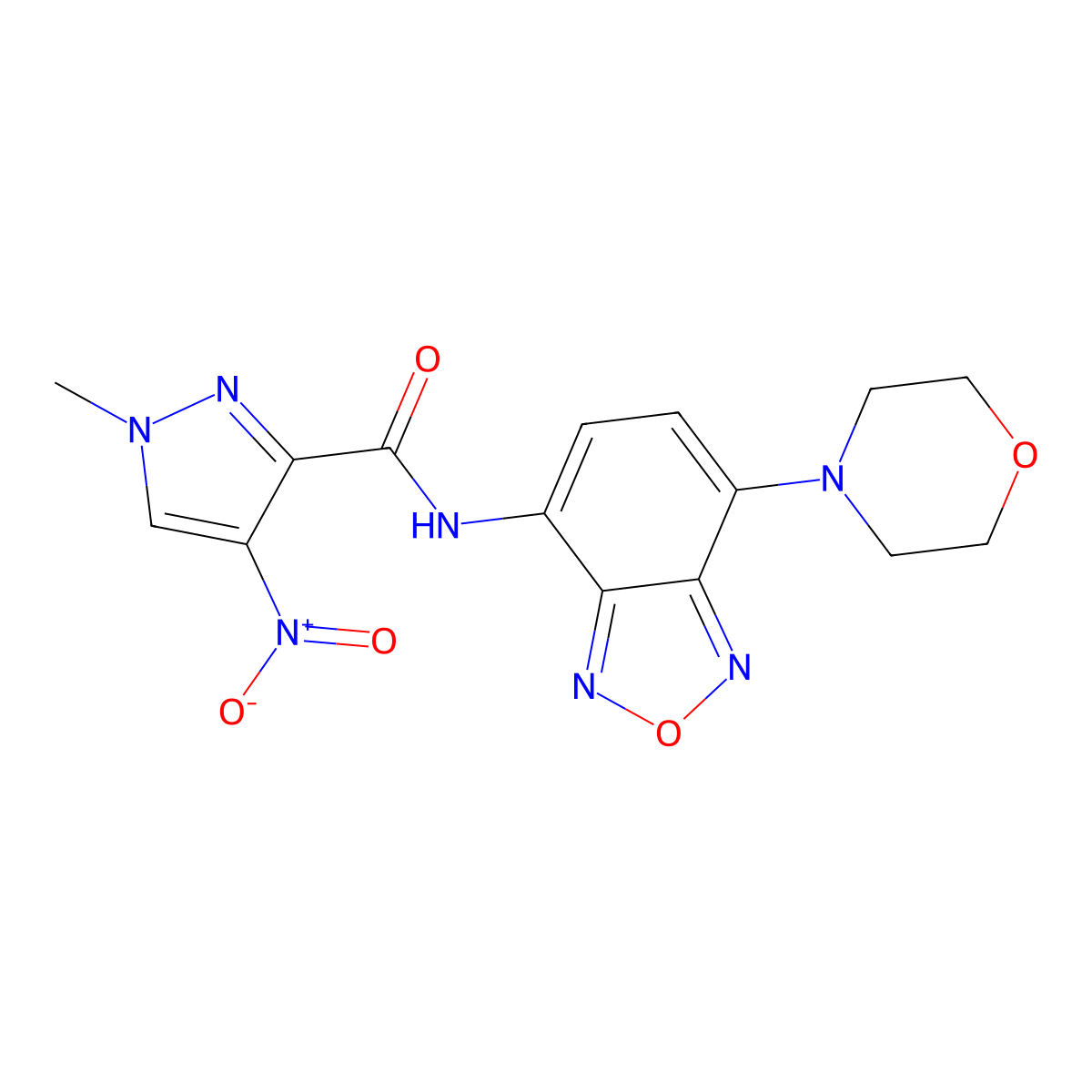 1-methyl-N-(4-morpholin-4-yl-2,1,3-benzoxadiazol-7-yl)-4-nitropyrazole-3-carboxamide molecular structure, CAS 1005655-80-0