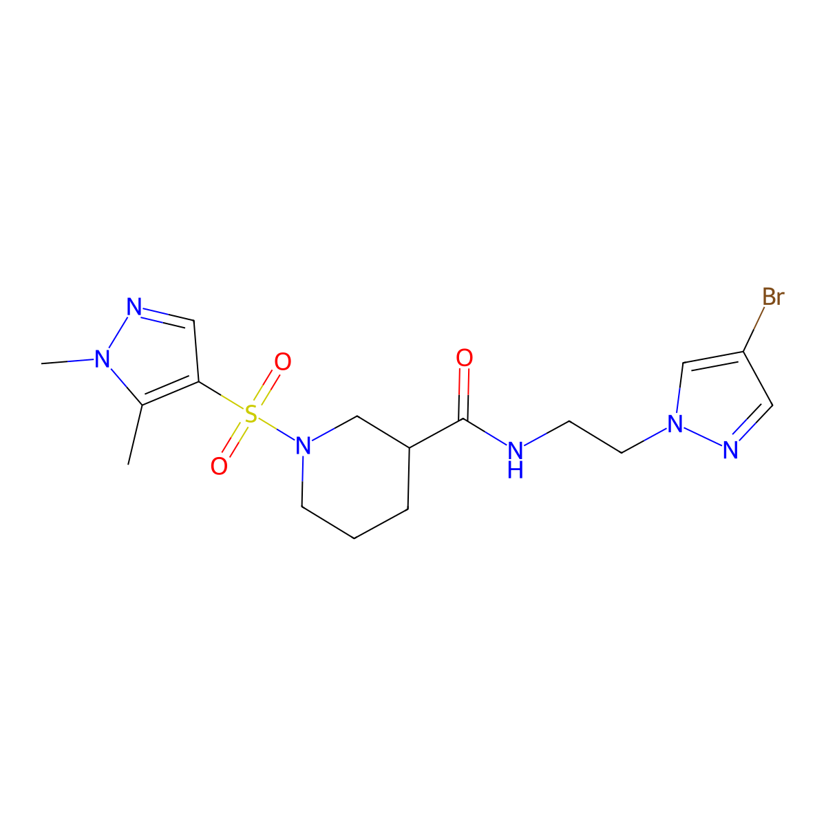 N-[2-(4-bromo-1H-pyrazol-1-yl)ethyl]-1-[(1,5-dimethyl-1H-pyrazol-4-yl)sulfonyl]piperidine-3-carboxamide molecular structure, CAS 1005655-89-9