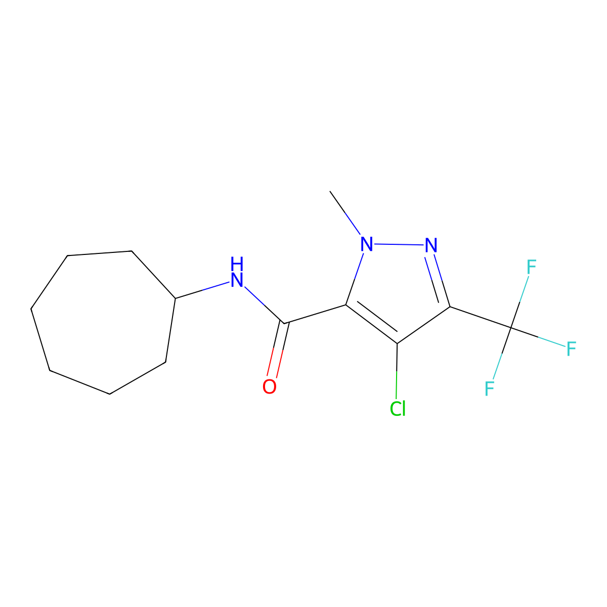 4-chloro-N-cycloheptyl-2-methyl-5-(trifluoromethyl)pyrazole-3-carboxamide molecular structure, CAS 1005655-94-6