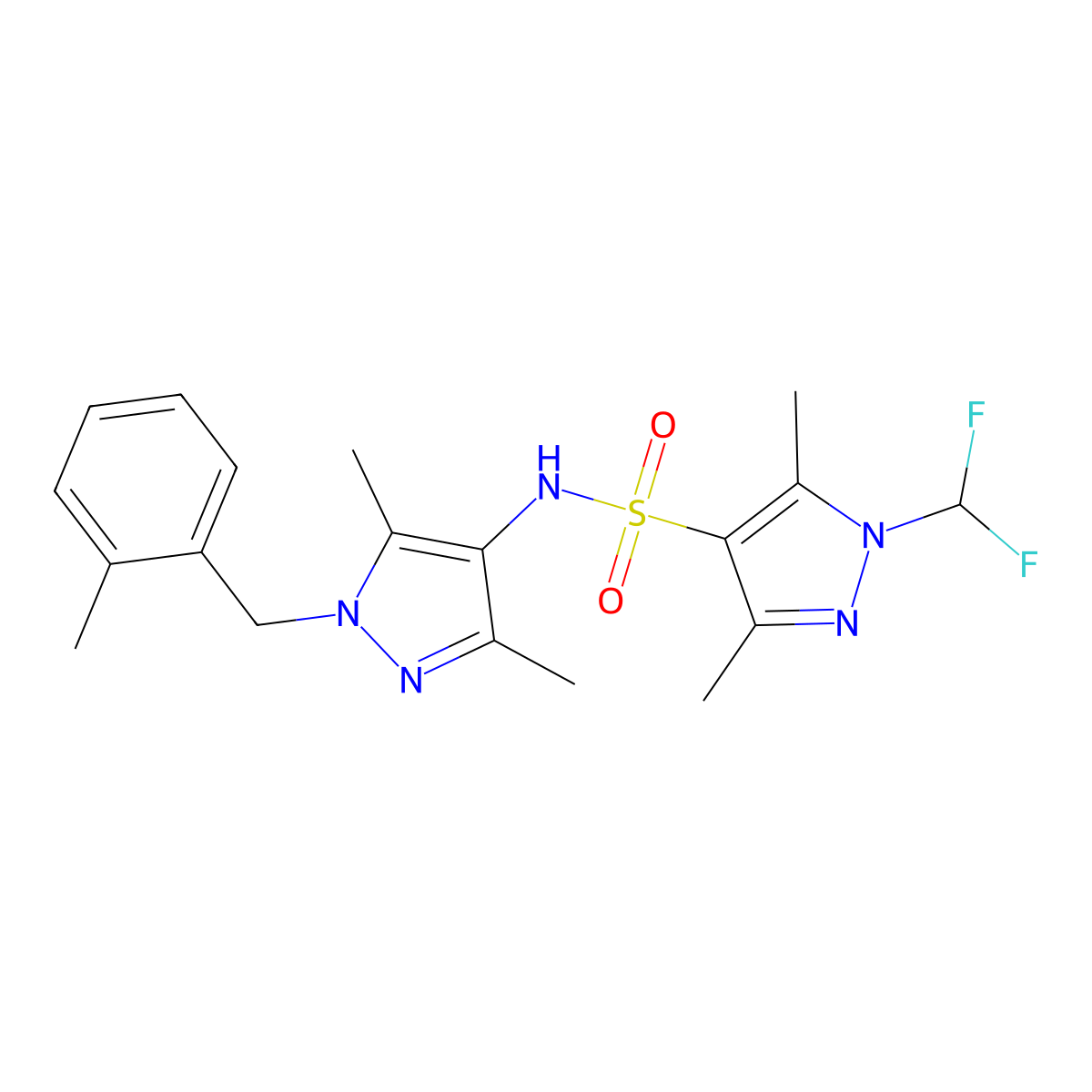 1-(difluoromethyl)-N-[3,5-dimethyl-1-(2-methylbenzyl)-1H-pyrazol-4-yl]-3,5-dimethyl-1H-pyrazole-4-sulfonamide molecular structure, CAS 1005656-08-5