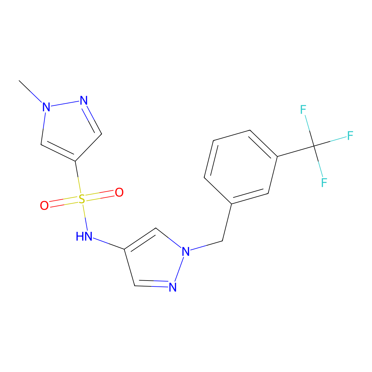 1-methyl-N-{1-[3-(trifluoromethyl)benzyl]-1H-pyrazol-4-yl}-1H-pyrazole-4-sulfonamide molecular structure, CAS 1005656-56-3