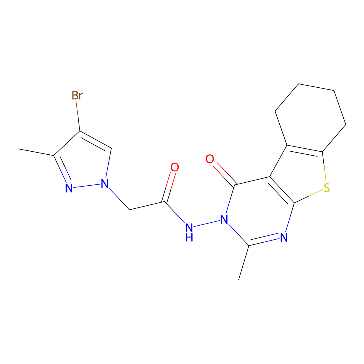 2-(4-Bromo-3-methyl-1H-pyrazol-1-YL)-N-[2-methyl-4-oxo-5,6,7,8-tetrahydro[1]benzothieno[2,3-D]pyrimidin-3(4H)-YL]acetamide molecular structure, CAS 1005656-71-2