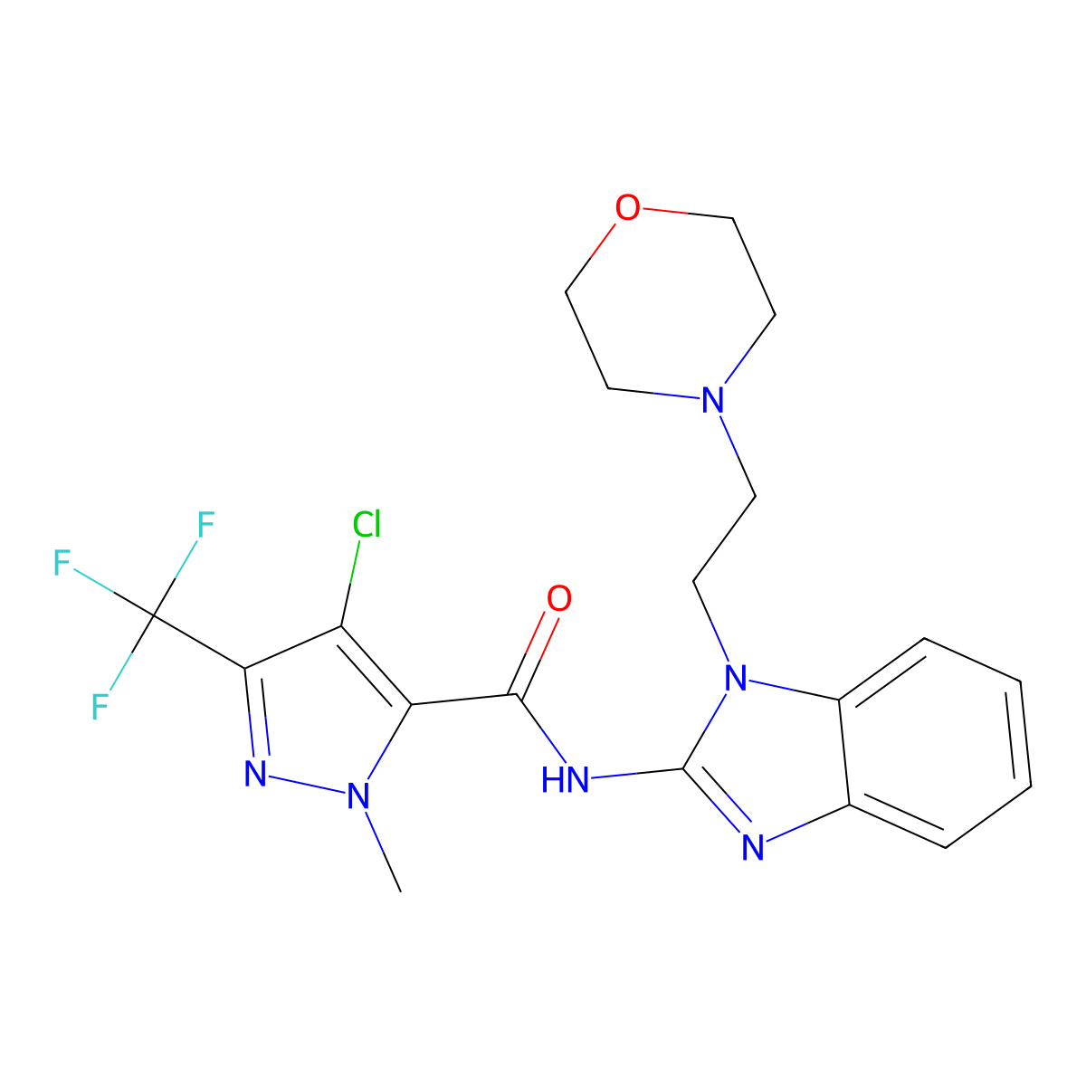 4-chloro-2-methyl-N-[1-(2-morpholin-4-ylethyl)benzimidazol-2-yl]-5-(trifluoromethyl)pyrazole-3-carboxamide molecular structure, CAS 1005656-76-7