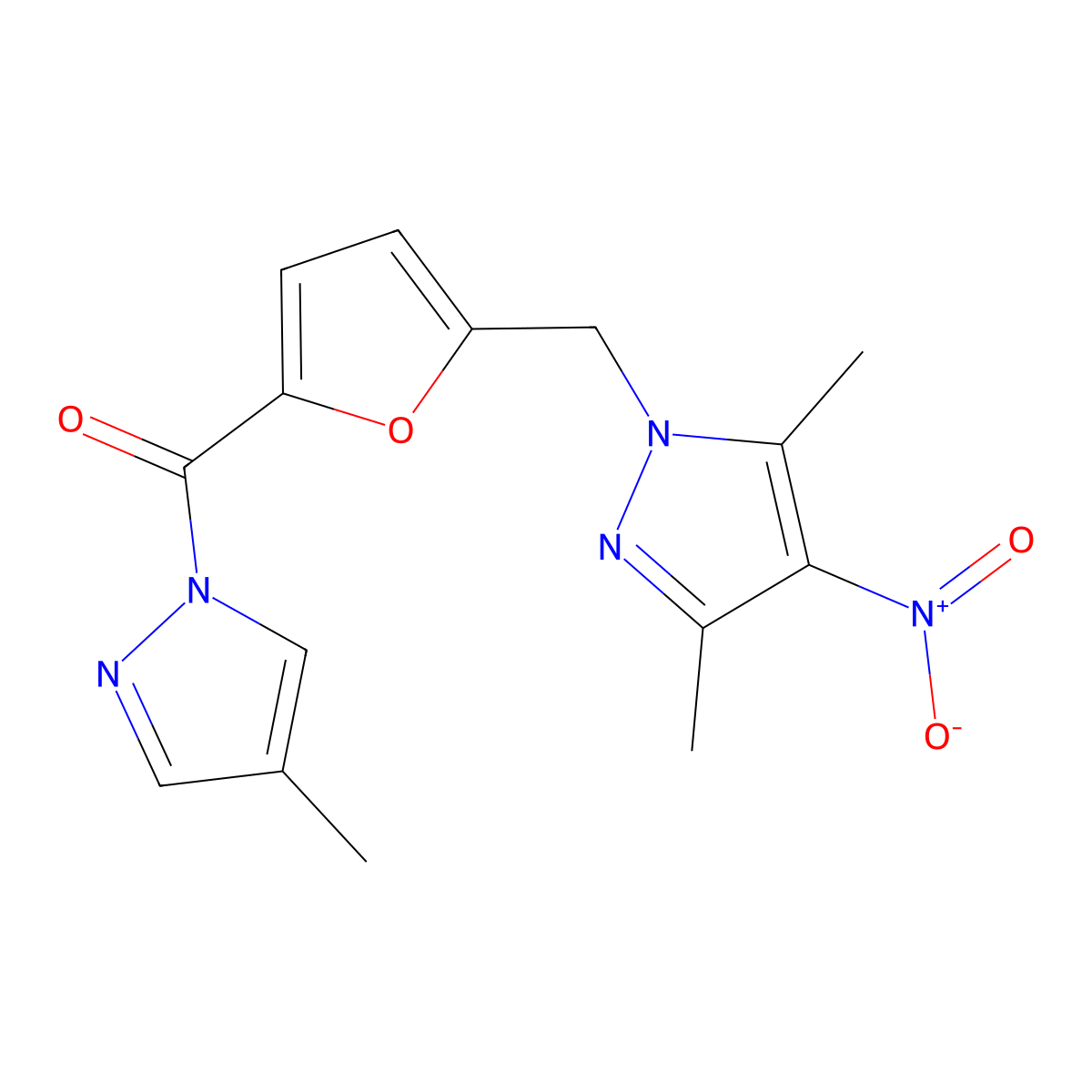 {5-[(3,5-dimethyl-4-nitro-1H-pyrazol-1-yl)methyl]furan-2-yl}(4-methyl-1H-pyrazol-1-yl)methanone molecular structure, CAS 1005657-21-5