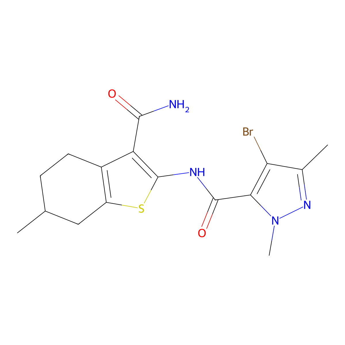 4-bromo-N-(3-carbamoyl-6-methyl-4,5,6,7-tetrahydro-1-benzothiophen-2-yl)-2,5-dimethylpyrazole-3-carboxamide molecular structure, CAS 1005657-72-6
