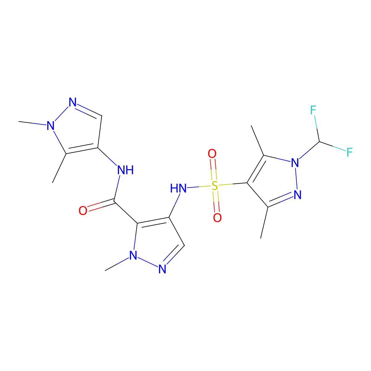 4-({[1-(difluoromethyl)-3,5-dimethyl-1H-pyrazol-4-yl]sulfonyl}amino)-N-(1,5-dimethyl-1H-pyrazol-4-yl)-1-methyl-1H-pyrazole-5-carboxamide molecular structure, CAS 1005657-73-7
