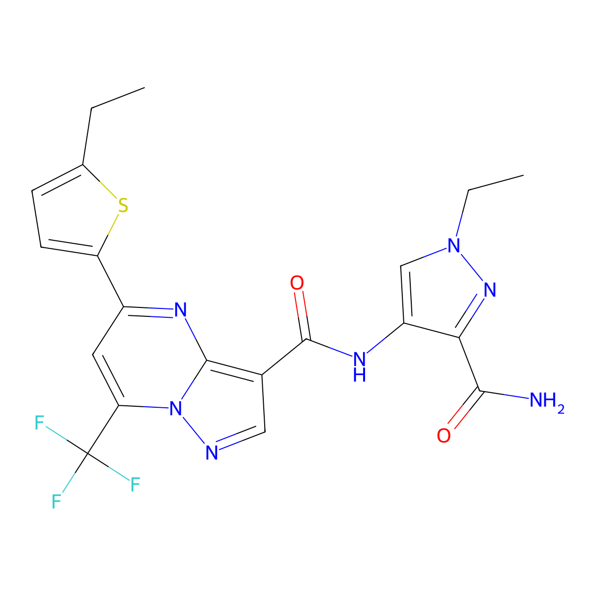 N-(3-carbamoyl-1-ethylpyrazol-4-yl)-5-(5-ethylthiophen-2-yl)-7-(trifluoromethyl)pyrazolo[1,5-a]pyrimidine-3-carboxamide molecular structure, CAS 1005658-45-6
