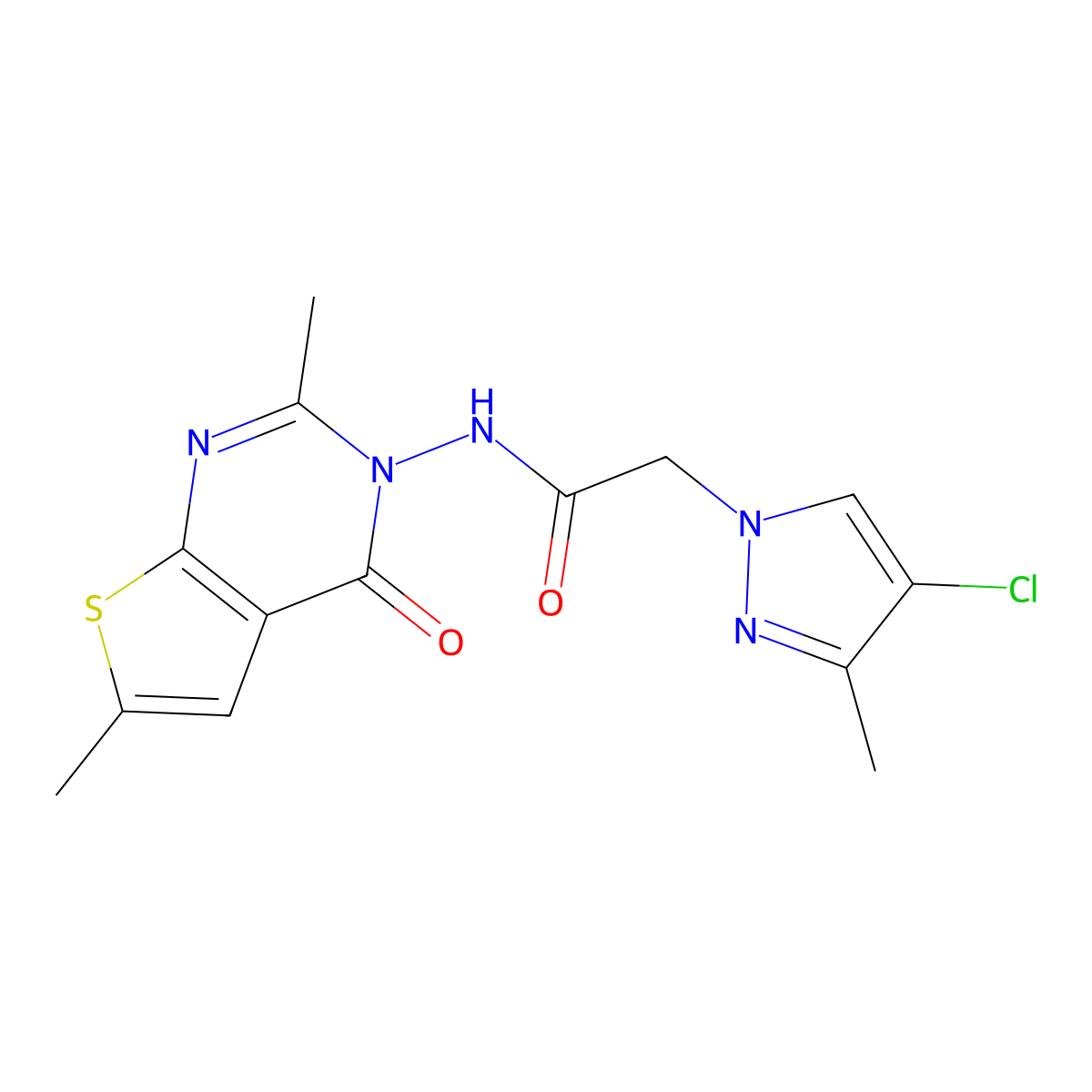 2-(4-chloro-3-methylpyrazol-1-yl)-N-(2,6-dimethyl-4-oxothieno[2,3-d]pyrimidin-3-yl)acetamide molecular structure, CAS 1005658-77-4