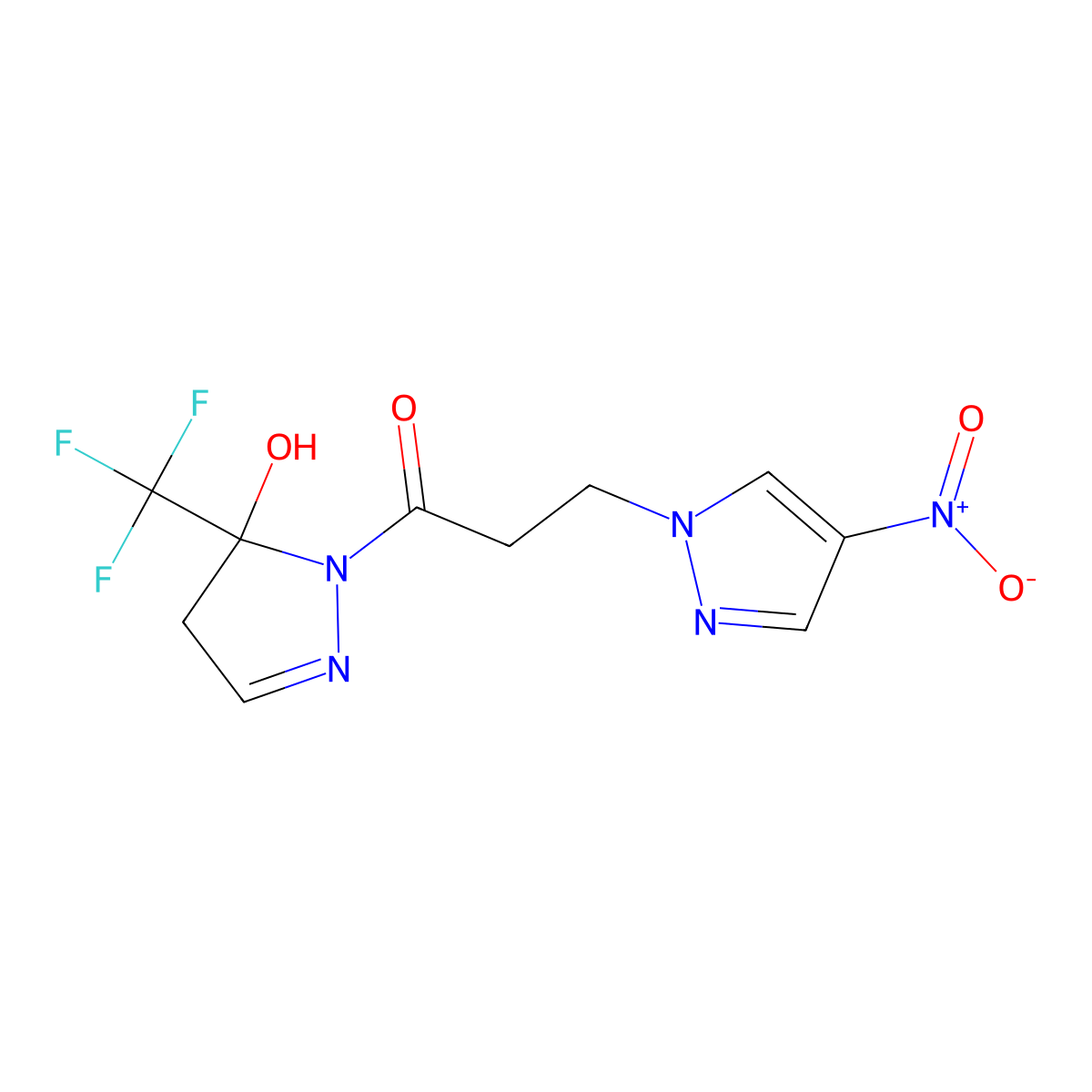 1-[5-hydroxy-5-(trifluoromethyl)-4,5-dihydro-1H-pyrazol-1-yl]-3-(4-nitro-1H-pyrazol-1-yl)propan-1-one molecular structure, CAS 1005659-14-2