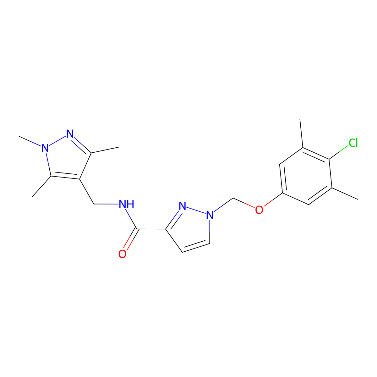 1-[(4-chloro-3,5-dimethylphenoxy)methyl]-N-[(1,3,5-trimethyl-1H-pyrazol-4-yl)methyl]-1H-pyrazole-3-carboxamide molecular structure, CAS 1005659-17-5