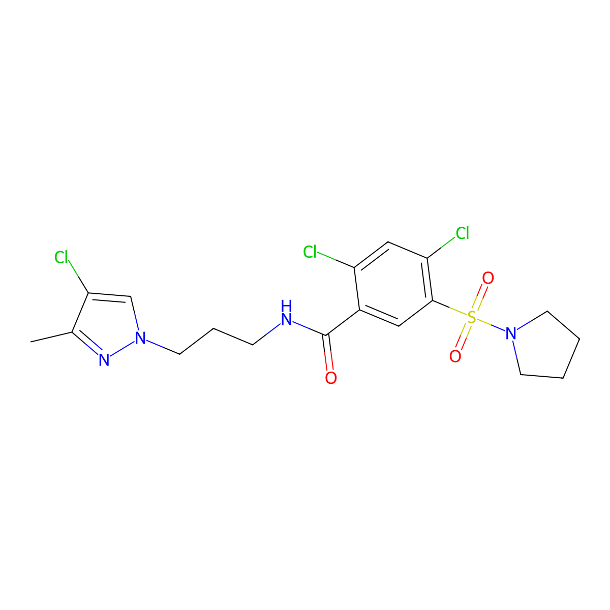 2,4-dichloro-N-[3-(4-chloro-3-methylpyrazol-1-yl)propyl]-5-pyrrolidin-1-ylsulfonylbenzamide molecular structure, CAS 1005659-28-8