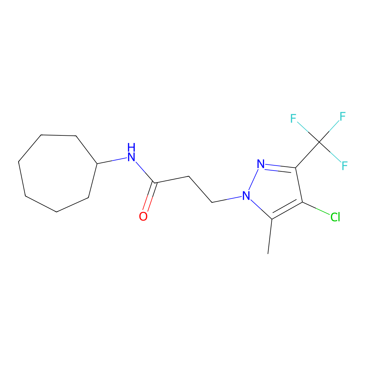 3-[4-chloro-5-methyl-3-(trifluoromethyl)-1H-pyrazol-1-yl]-N-cycloheptylpropanamide molecular structure, CAS 1005660-24-1