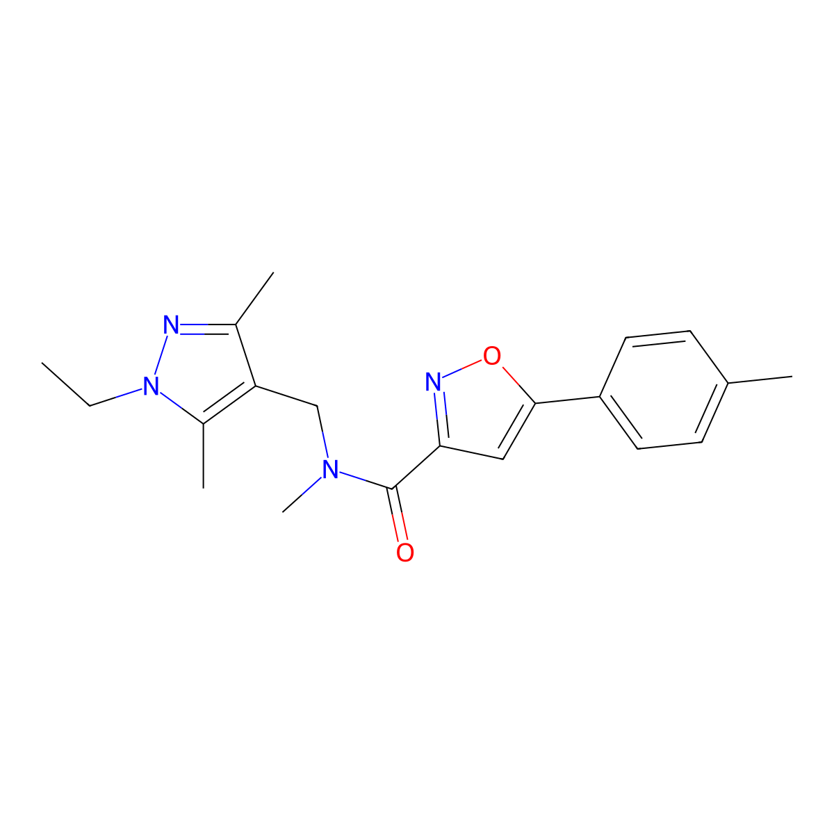 N-[(1-ethyl-3,5-dimethyl-1H-pyrazol-4-yl)methyl]-N-methyl-5-(4-methylphenyl)-1,2-oxazole-3-carboxamide molecular structure, CAS 1005660-39-8