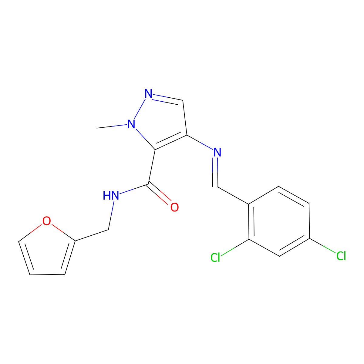 4-{[(E)-(2,4-dichlorophenyl)methylidene]amino}-N-(furan-2-ylmethyl)-1-methyl-1H-pyrazole-5-carboxamide molecular structure, CAS 1005660-69-4