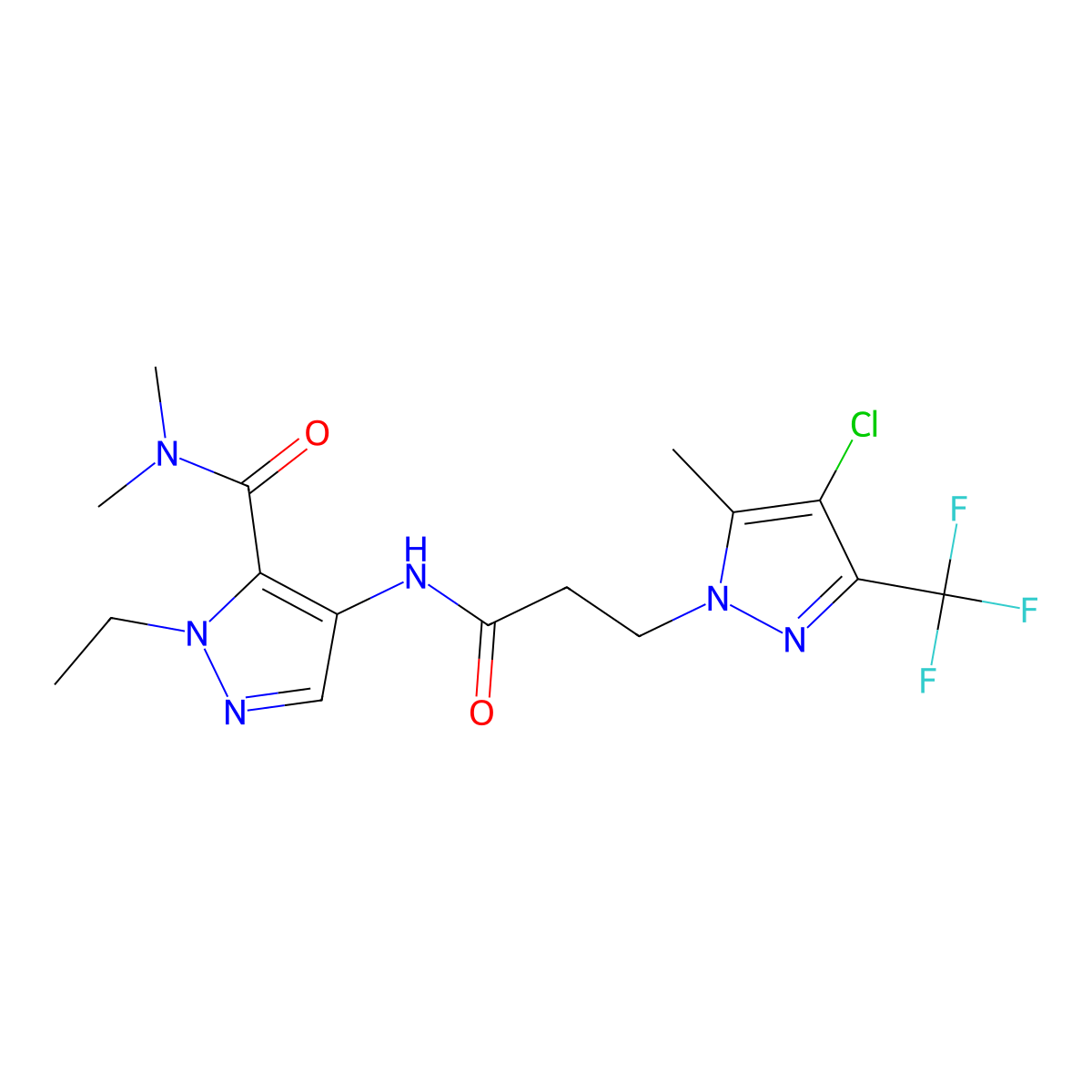 4-({3-[4-chloro-5-methyl-3-(trifluoromethyl)-1H-pyrazol-1-yl]propanoyl}amino)-1-ethyl-N,N-dimethyl-1H-pyrazole-5-carboxamide molecular structure, CAS 1005660-70-7