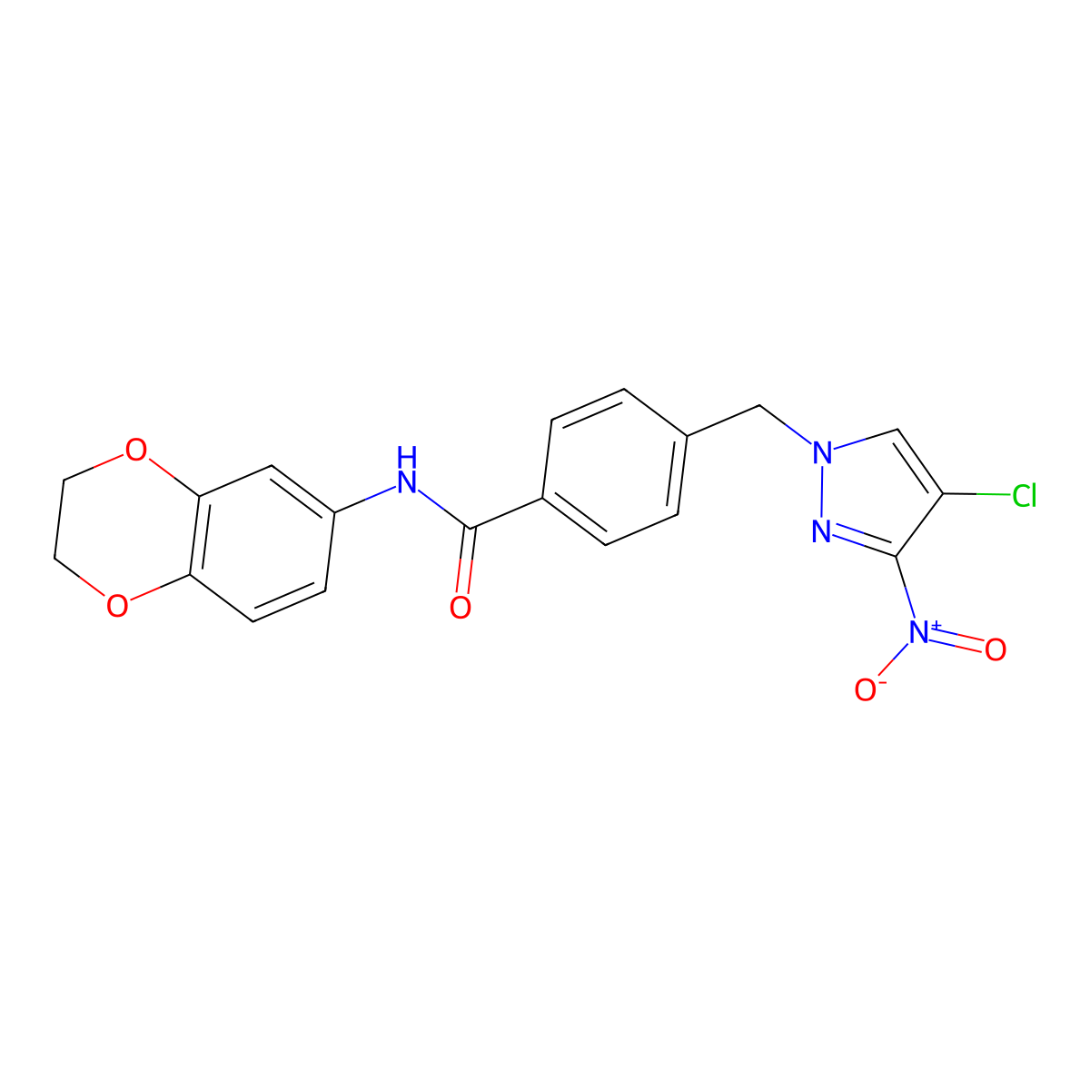 4-[(4-chloro-3-nitro-1H-pyrazol-1-yl)methyl]-N-(2,3-dihydro-1,4-benzodioxin-6-yl)benzamide molecular structure, CAS 1005660-74-1