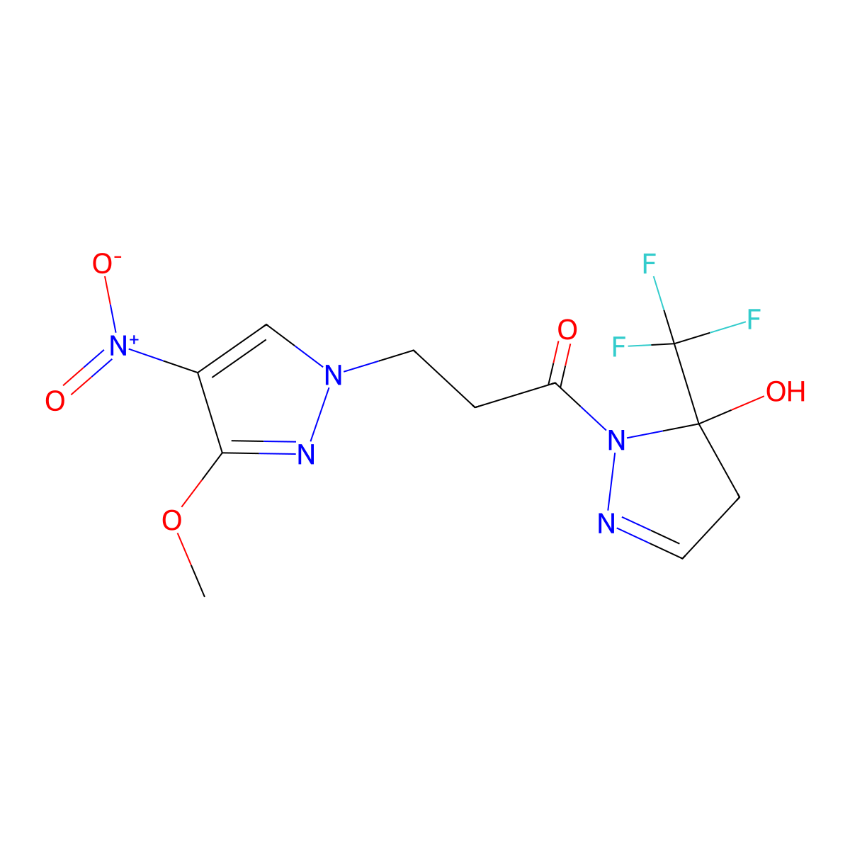 1-[5-hydroxy-5-(trifluoromethyl)-4,5-dihydro-1H-pyrazol-1-yl]-3-(3-methoxy-4-nitro-1H-pyrazol-1-yl)propan-1-one molecular structure, CAS 1005662-41-8