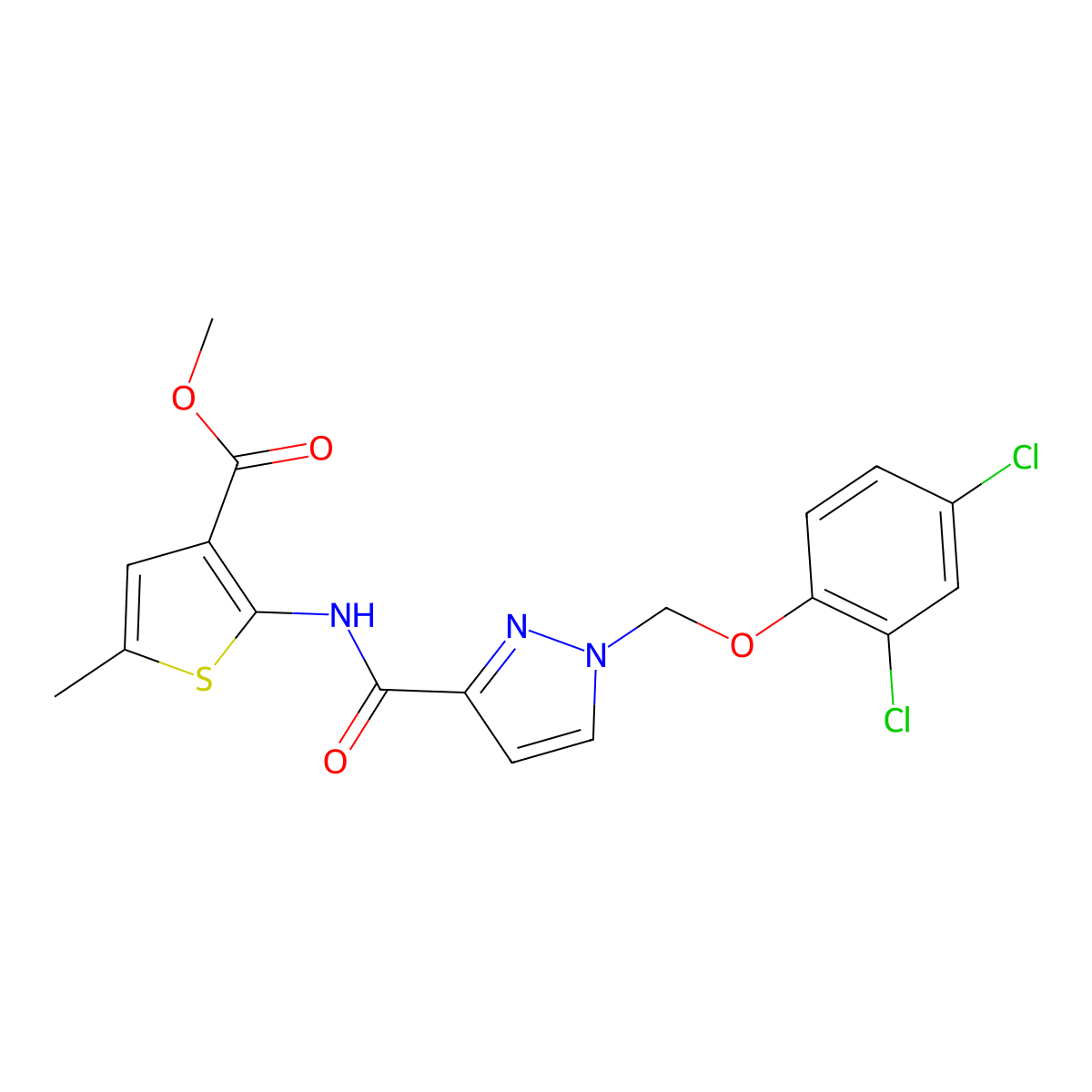 methyl 2-[({1-[(2,4-dichlorophenoxy)methyl]-1H-pyrazol-3-yl}carbonyl)amino]-5-methylthiophene-3-carboxylate molecular structure, CAS 1005662-45-2