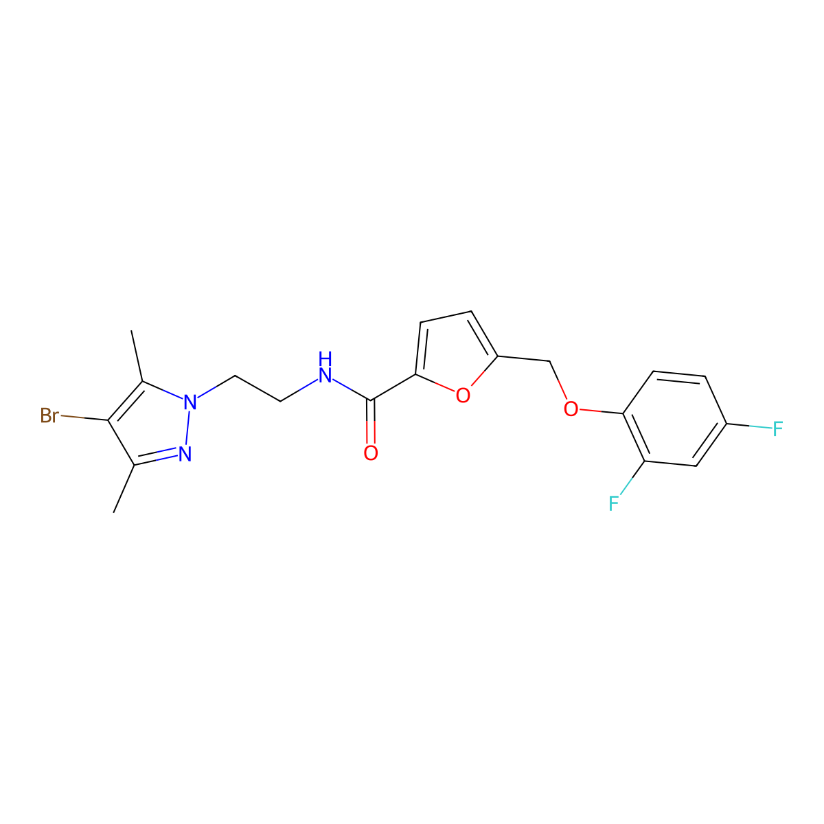 N-[2-(4-bromo-3,5-dimethyl-1H-pyrazol-1-yl)ethyl]-5-[(2,4-difluorophenoxy)methyl]furan-2-carboxamide molecular structure, CAS 1005662-66-7