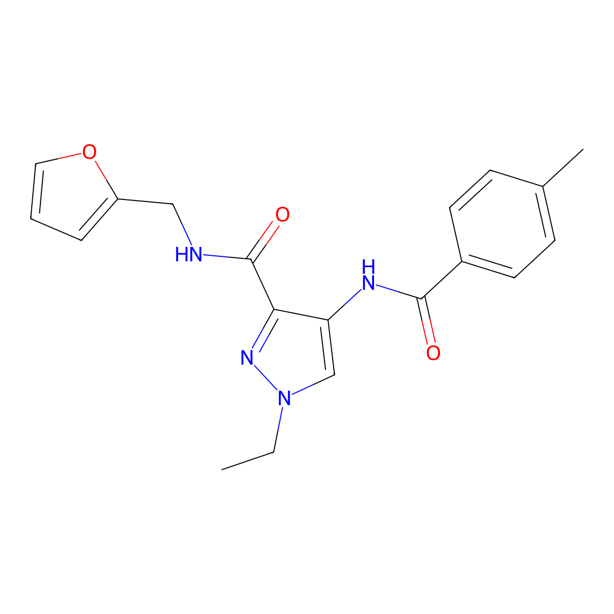 1-ethyl-N-(furan-2-ylmethyl)-4-[(4-methylbenzoyl)amino]pyrazole-3-carboxamide molecular structure, CAS 1005662-78-1