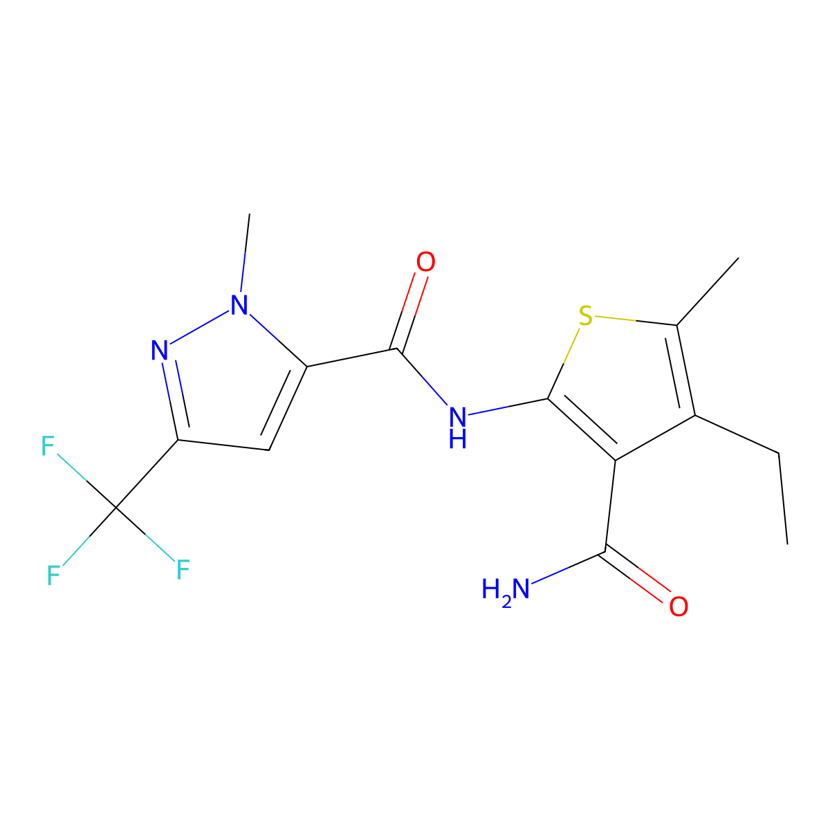 N-(3-carbamoyl-4-ethyl-5-methylthiophen-2-yl)-2-methyl-5-(trifluoromethyl)pyrazole-3-carboxamide molecular structure, CAS 1005662-88-3