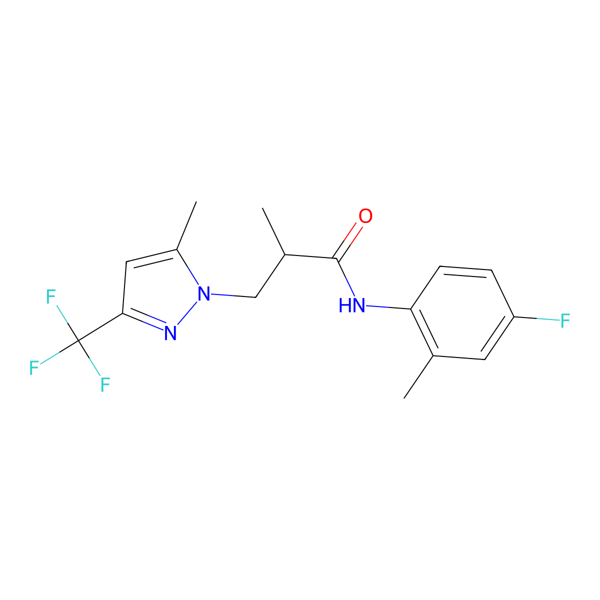 N-(4-fluoro-2-methylphenyl)-2-methyl-3-[5-methyl-3-(trifluoromethyl)pyrazol-1-yl]propanamide molecular structure, CAS 1005662-97-4
