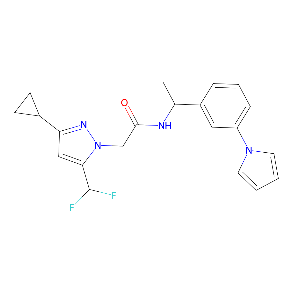 2-[3-cyclopropyl-5-(difluoromethyl)-1H-pyrazol-1-yl]-N-{1-[3-(1H-pyrrol-1-yl)phenyl]ethyl}acetamide molecular structure, CAS 1005663-37-5