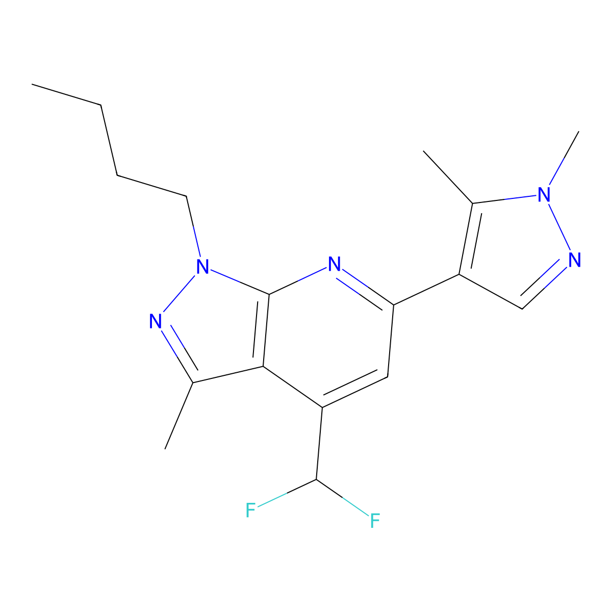 1-butyl-4-(difluoromethyl)-6-(1,5-dimethyl-1H-pyrazol-4-yl)-3-methyl-1H-pyrazolo[3,4-b]pyridine molecular structure, CAS 1005663-79-5