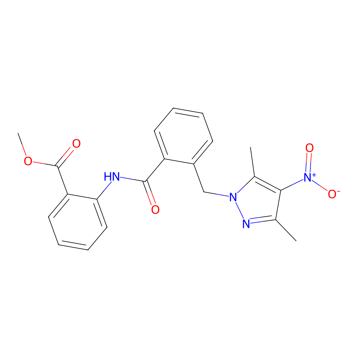 methyl 2-[({2-[(3,5-dimethyl-4-nitro-1H-pyrazol-1-yl)methyl]phenyl}carbonyl)amino]benzoate molecular structure, CAS 1005664-20-9