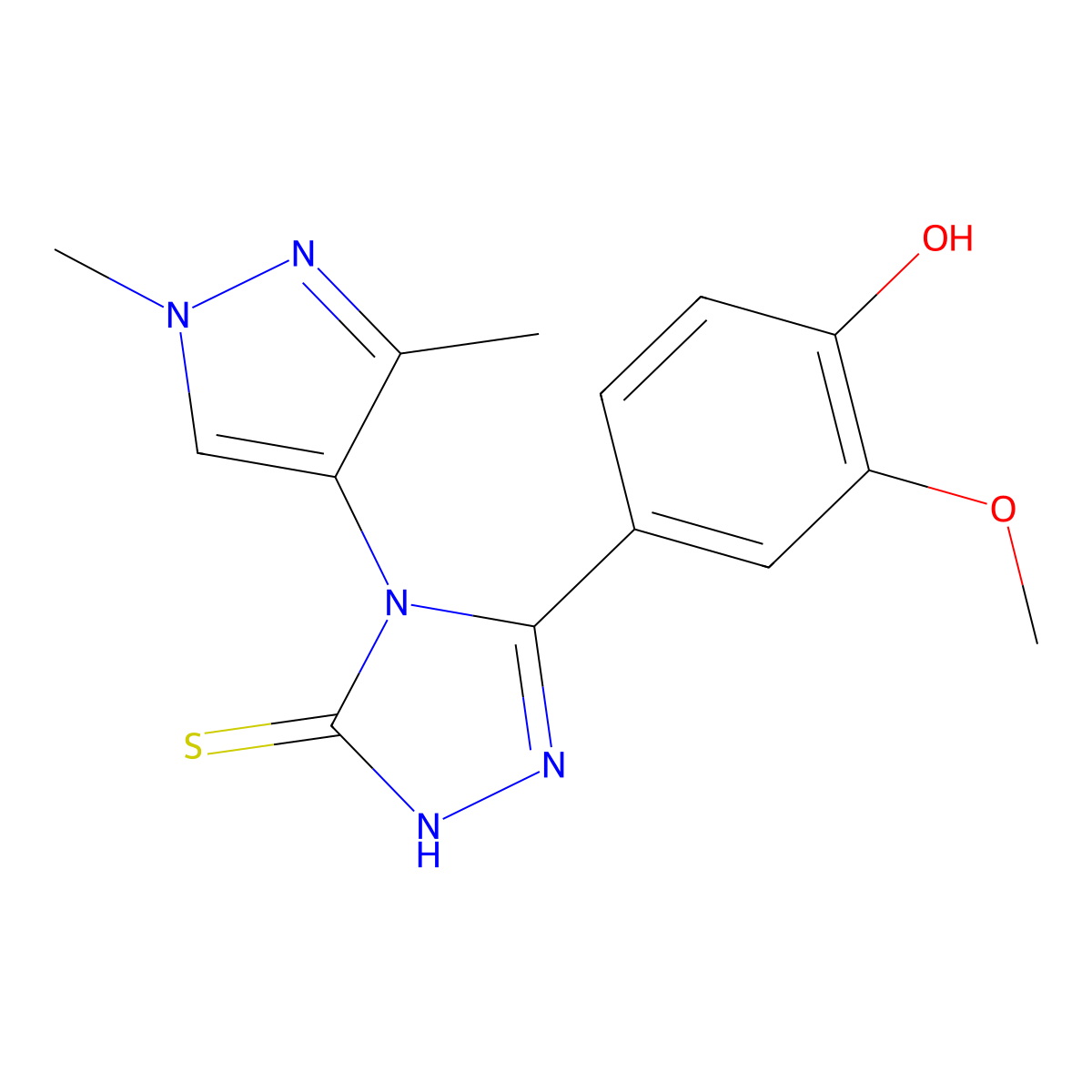 4-[4-(1,3-dimethyl-1H-pyrazol-4-yl)-5-sulfanyl-4H-1,2,4-triazol-3-yl]-2-methoxyphenol molecular structure, CAS 1005664-40-3