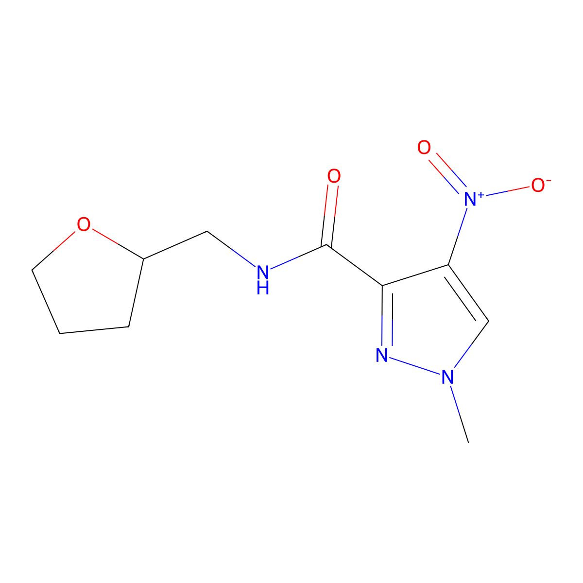 1-methyl-4-nitro-N-(tetrahydrofuran-2-ylmethyl)-1H-pyrazole-3-carboxamide molecular structure, CAS 1005664-48-1