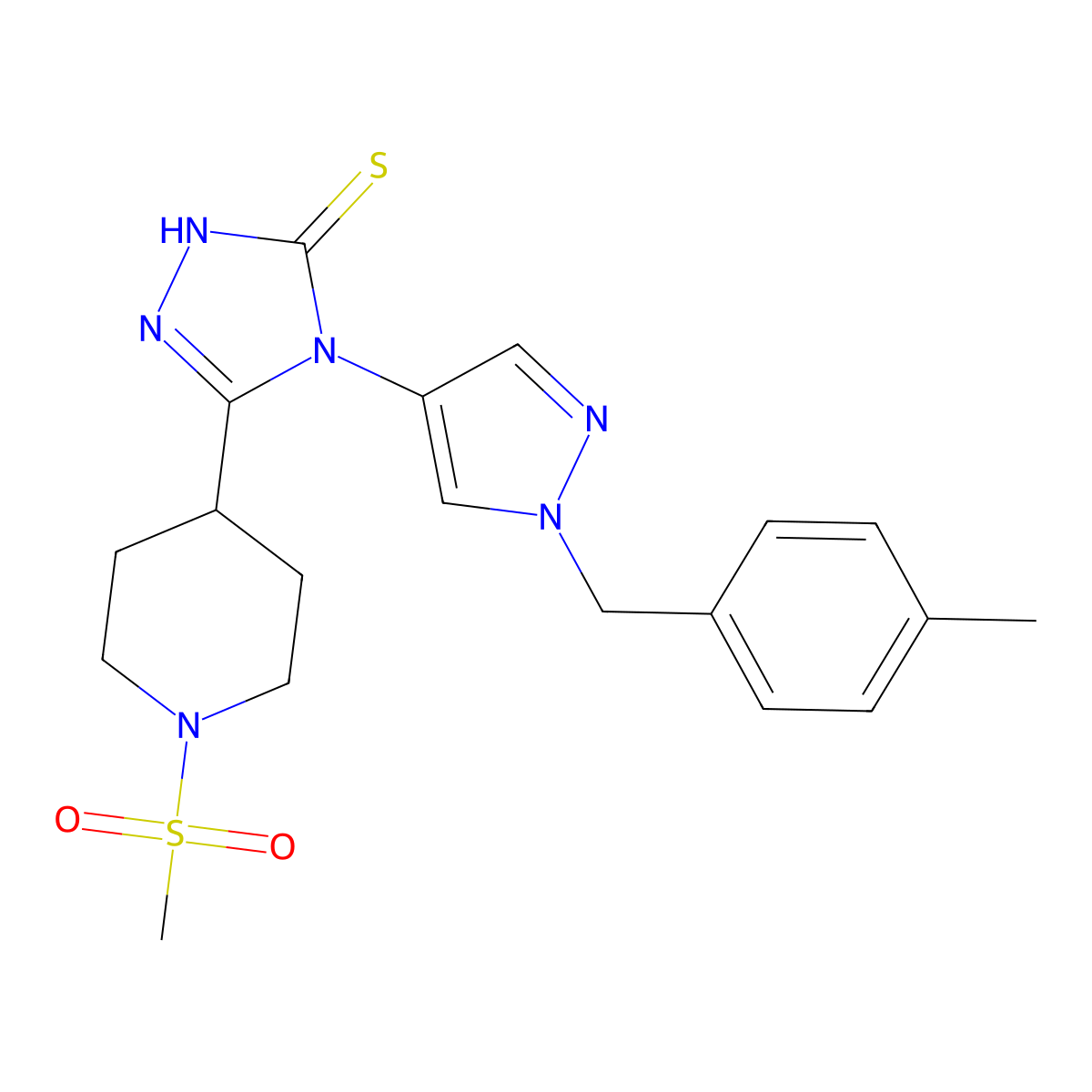4-[1-(4-methylbenzyl)-1H-pyrazol-4-yl]-5-[1-(methylsulfonyl)piperidin-4-yl]-4H-1,2,4-triazole-3-thiol molecular structure, CAS 1005664-90-3