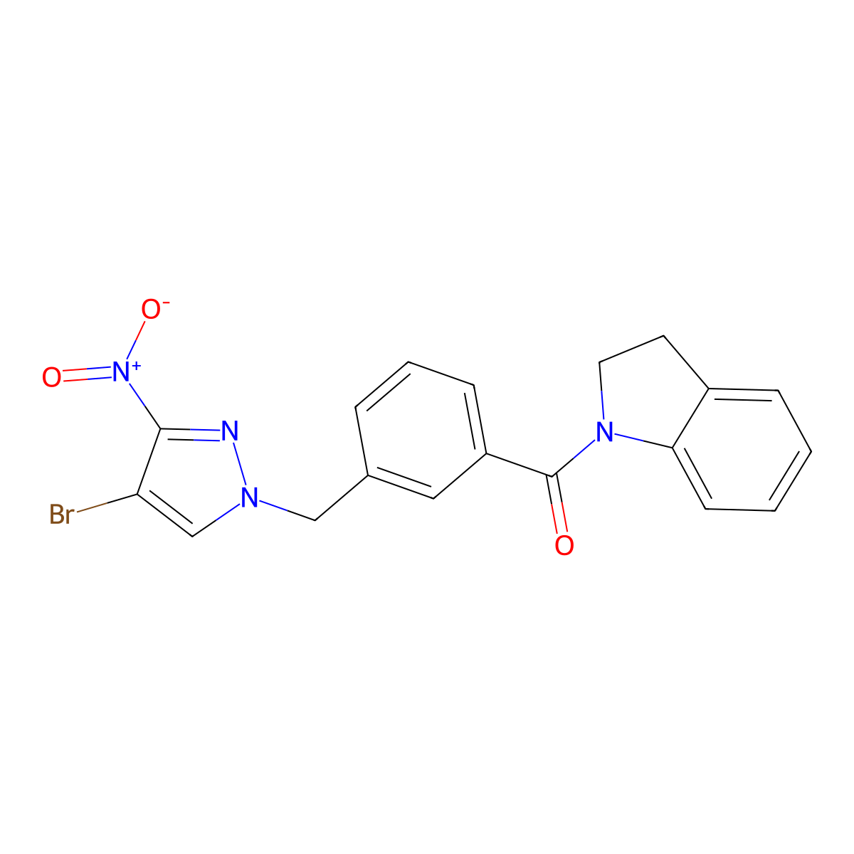 {3-[(4-bromo-3-nitro-1H-pyrazol-1-yl)methyl]phenyl}(2,3-dihydro-1H-indol-1-yl)methanone molecular structure, CAS 1005665-30-4