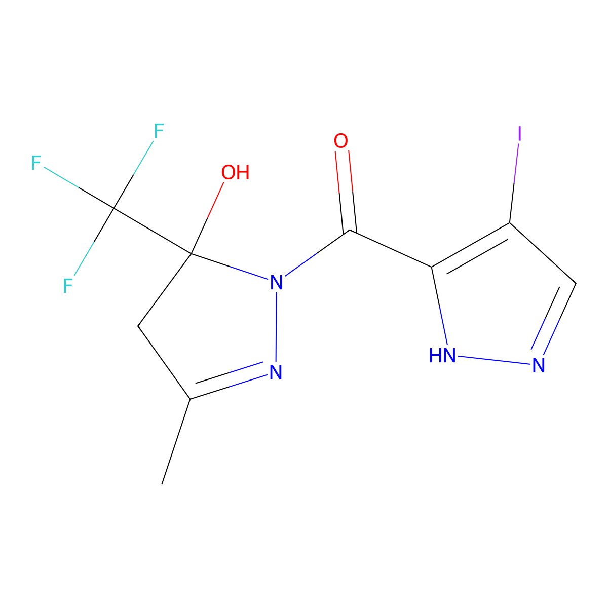 [5-hydroxy-3-methyl-5-(trifluoromethyl)-4H-pyrazol-1-yl]-(4-iodo-1H-pyrazol-5-yl)methanone molecular structure, CAS 1005665-44-0
