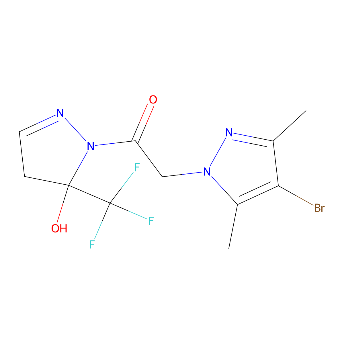 2-(4-bromo-3,5-dimethyl-1H-pyrazol-1-yl)-1-[5-hydroxy-5-(trifluoromethyl)-4,5-dihydro-1H-pyrazol-1-yl]ethanone molecular structure, CAS 1005665-48-4