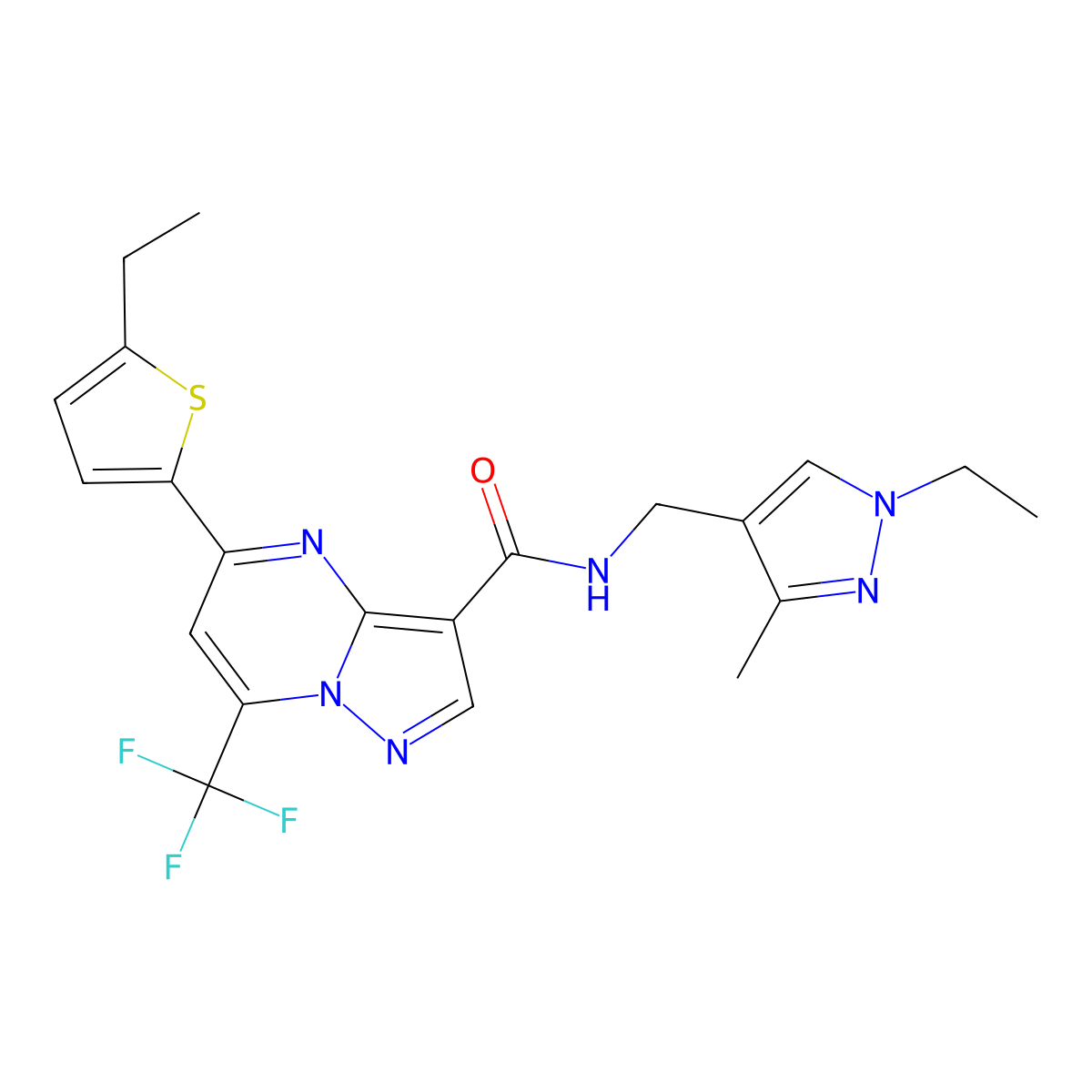 N-[(1-ethyl-3-methyl-1H-pyrazol-4-yl)methyl]-5-(5-ethylthiophen-2-yl)-7-(trifluoromethyl)pyrazolo[1,5-a]pyrimidine-3-carboxamide molecular structure, CAS 1005665-78-0