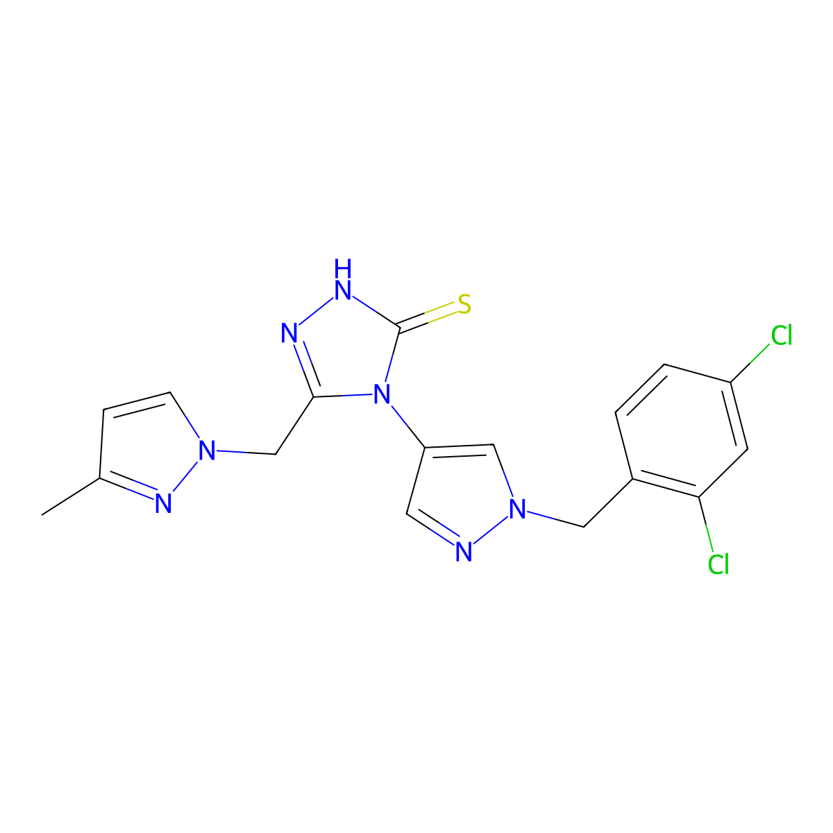 4-[1-(2,4-dichlorobenzyl)-1H-pyrazol-4-yl]-5-[(3-methyl-1H-pyrazol-1-yl)methyl]-4H-1,2,4-triazole-3-thiol molecular structure, CAS 1005665-86-0